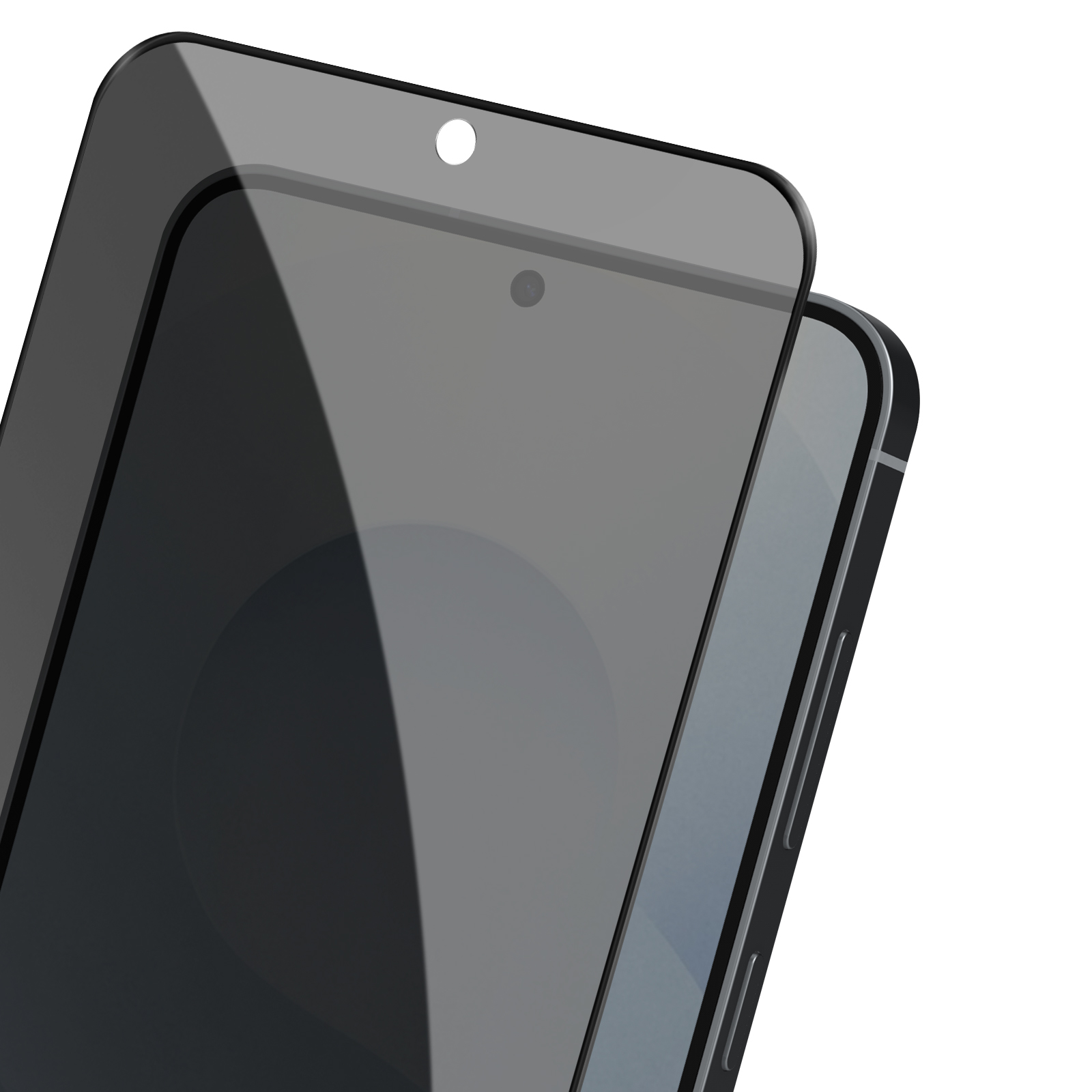 Due smartphone, uno davanti. Schermi neri con ritagli per fotocamera e sfondo bianco. I dispositivi sono angolati.