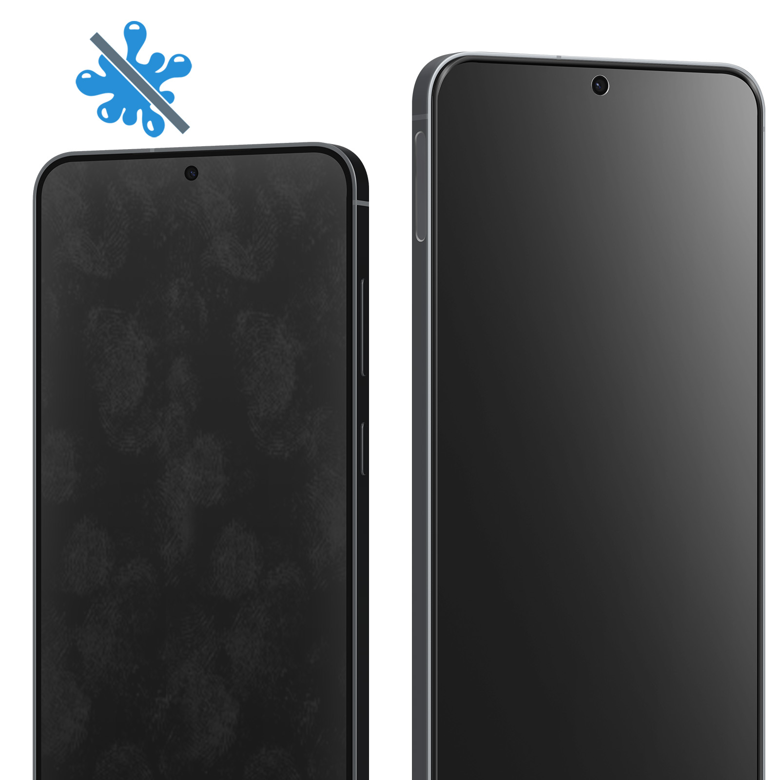Due smartphone, uno con impronte digitali e un simbolo no-schizzi, e uno pulito. Schermi neri con fotocamera.