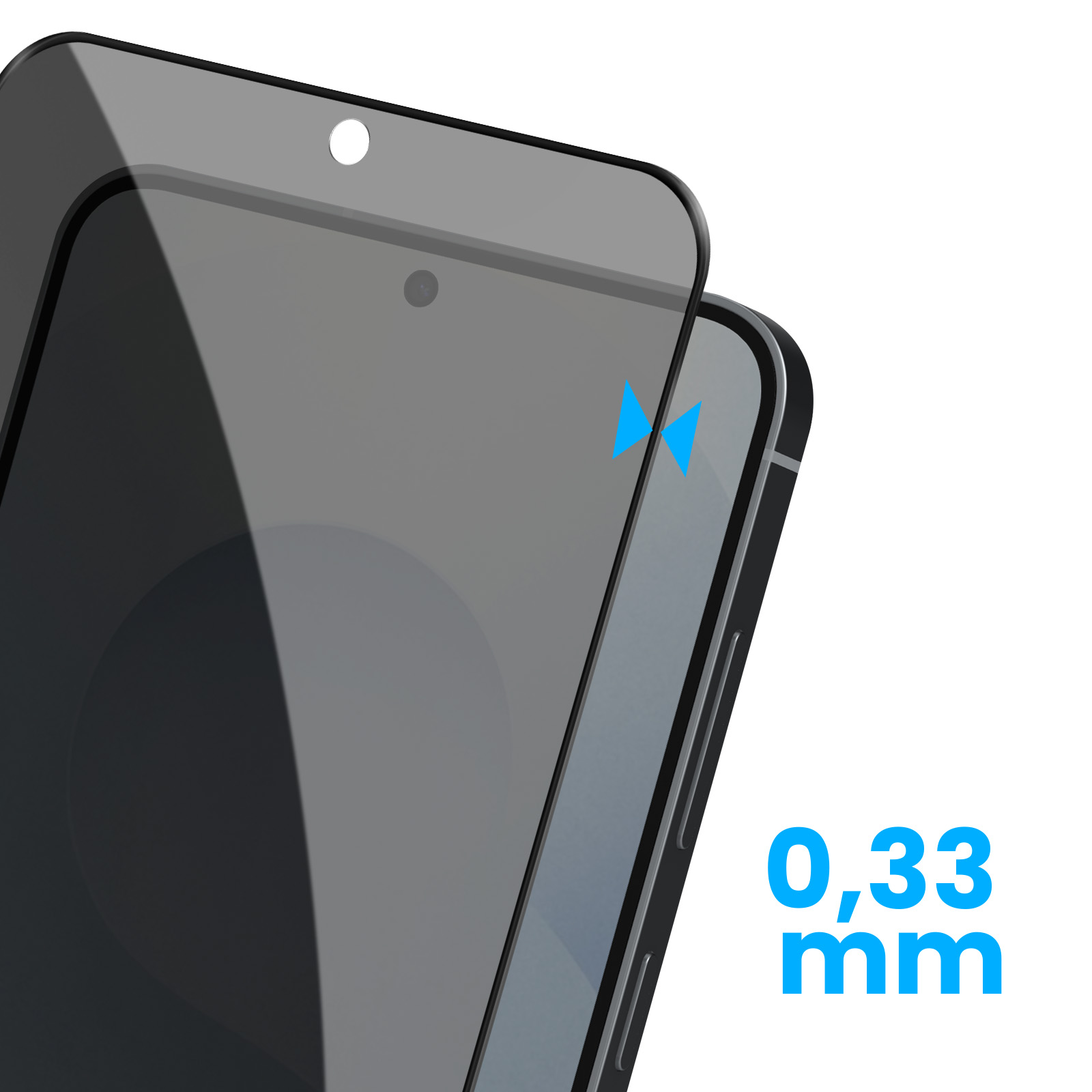 Due smartphone con protezioni schermo. Uno è parzialmente trasparente. Frecce blu indicano spessore di 0,33 mm.