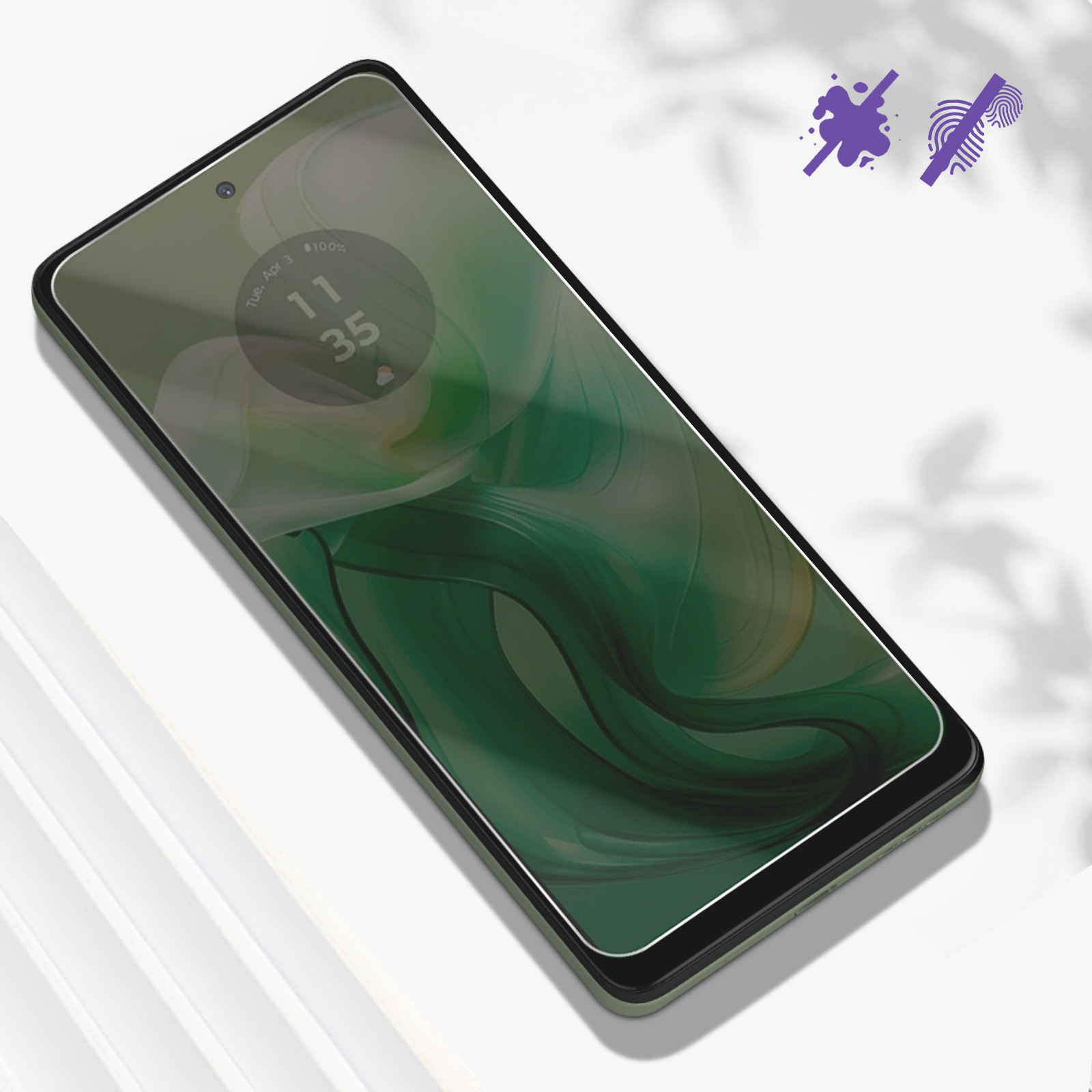 Protezione schermo smartphone. Visualizzazione ora, data e stato batteria. Icone viola di macchie e impronte digitali in alto.