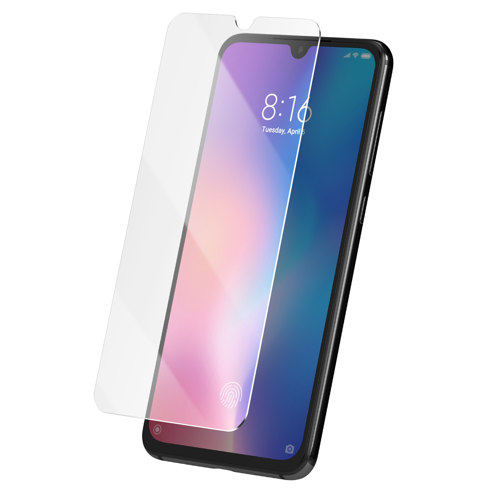 Smartphone con protezione schermo. Il telefono mostra ora e data. La protezione è trasparente.
