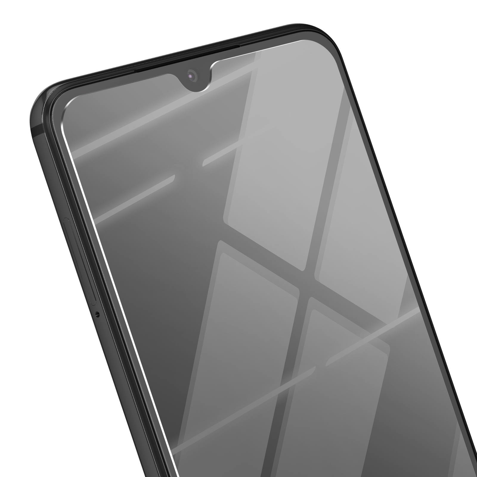Uno smartphone con protezione schermo. Lo schermo riflette la luce in toni grigi. Una fotocamera è visibile in alto.