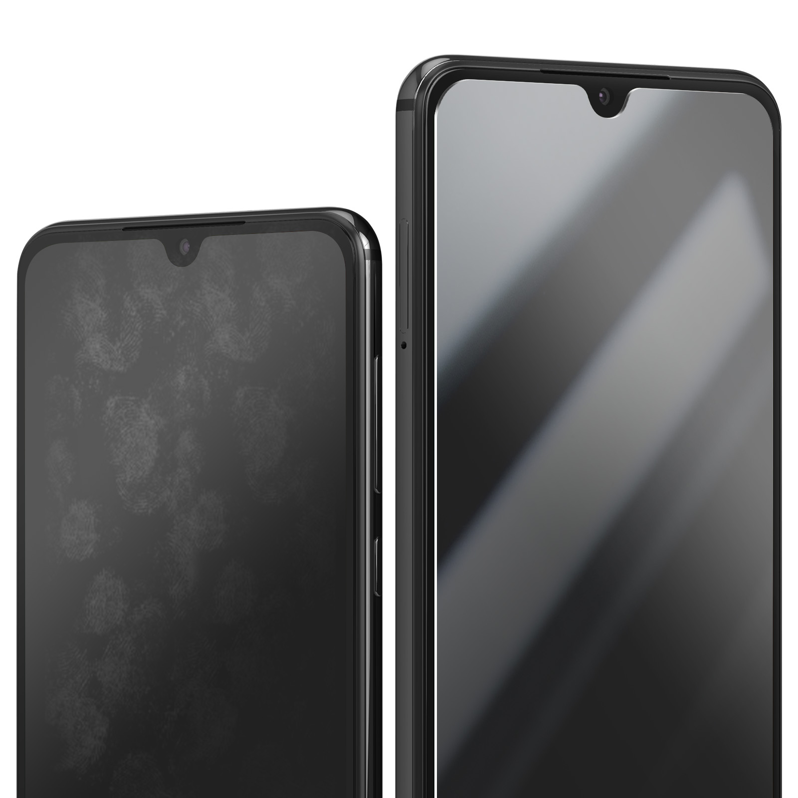 Due smartphone neri affiancati. Uno ha impronte digitali visibili sullo schermo. L'altro ha uno schermo pulito e riflettente.