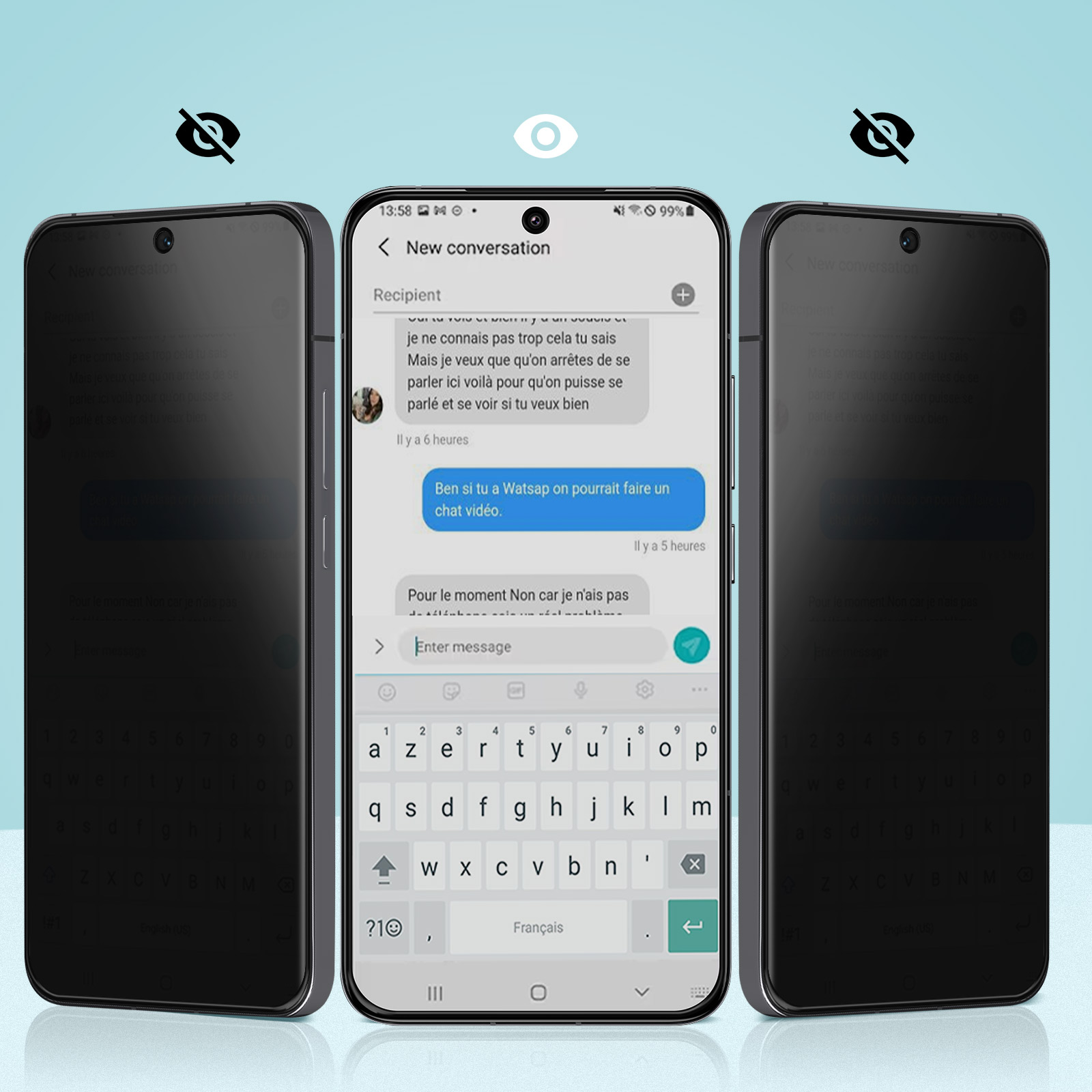 Tre smartphone. Quello centrale mostra un'app di messaggistica. Gli altri due sono scuri, mostrando solo lo schermo.