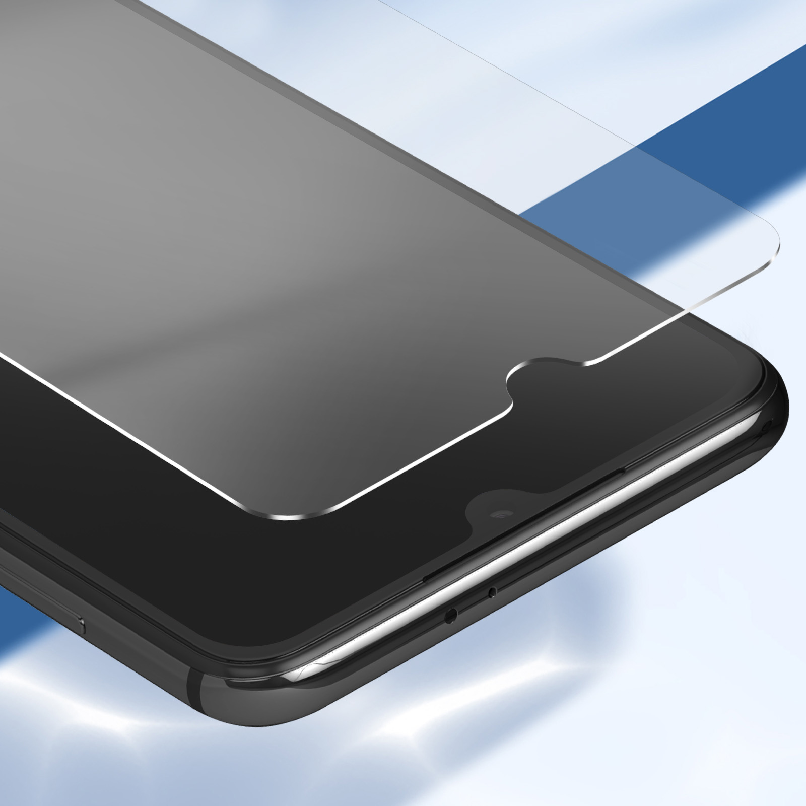 Uno smartphone nero con una protezione per lo schermo applicata. Lo sfondo ha una sfumatura blu e bianca.