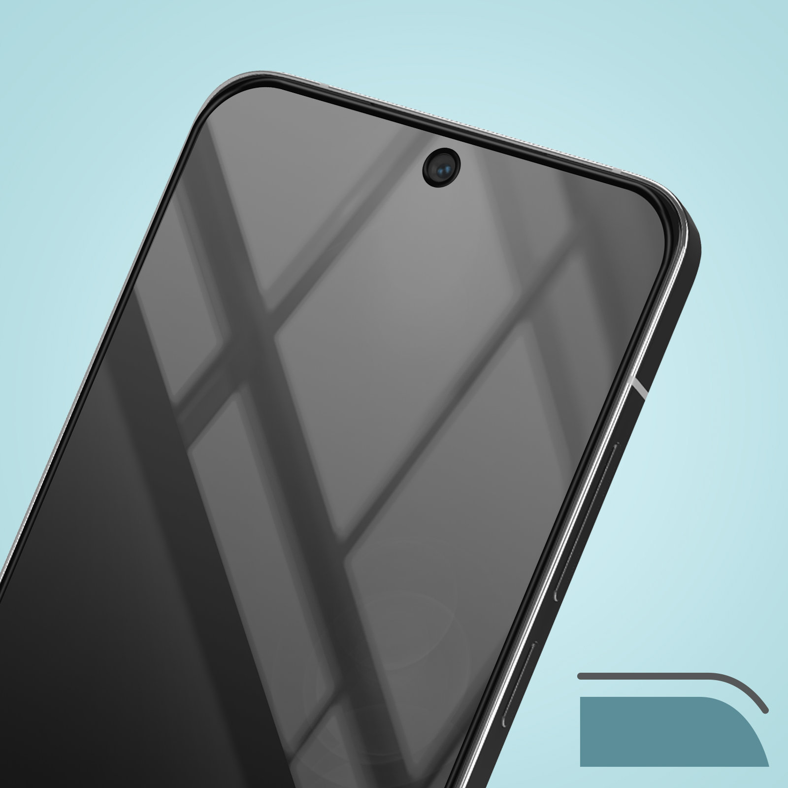 Primo piano di uno smartphone. Lo schermo è nero con una fotocamera in alto. Il telefono ha una cornice nera e uno sfondo blu.