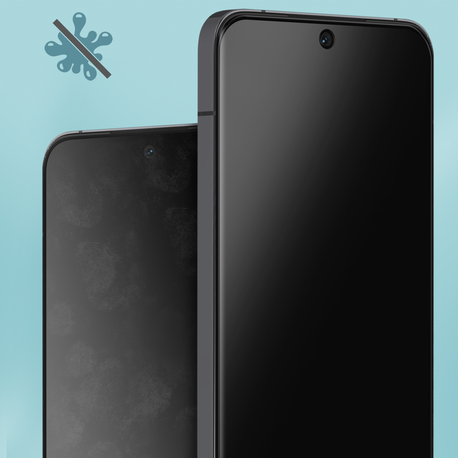 Due smartphone neri con fotocamere frontali. Un simbolo di goccia d'acqua sbarrata in alto a sinistra.