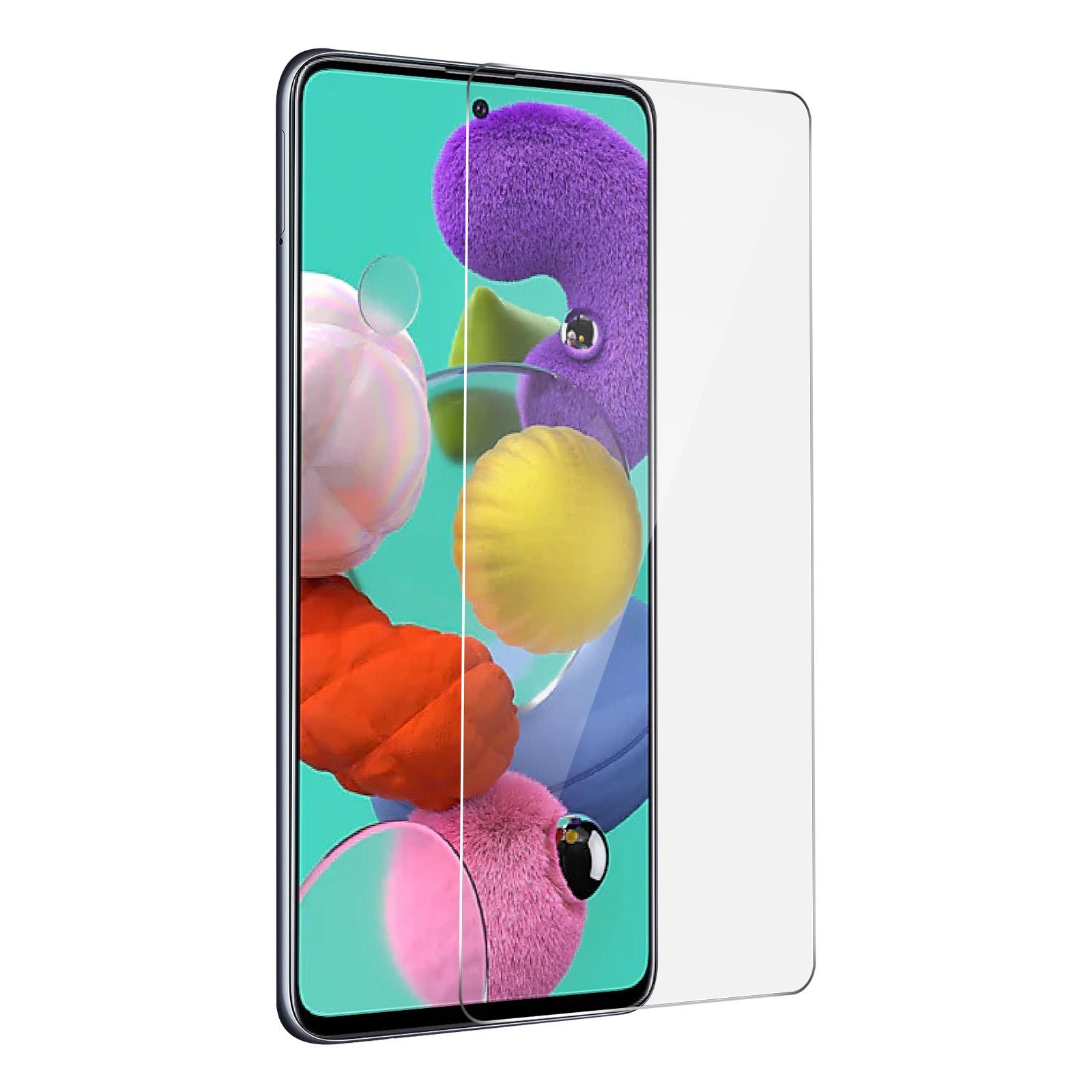 Uno smartphone con una protezione per lo schermo applicata. Lo schermo mostra forme astratte colorate.