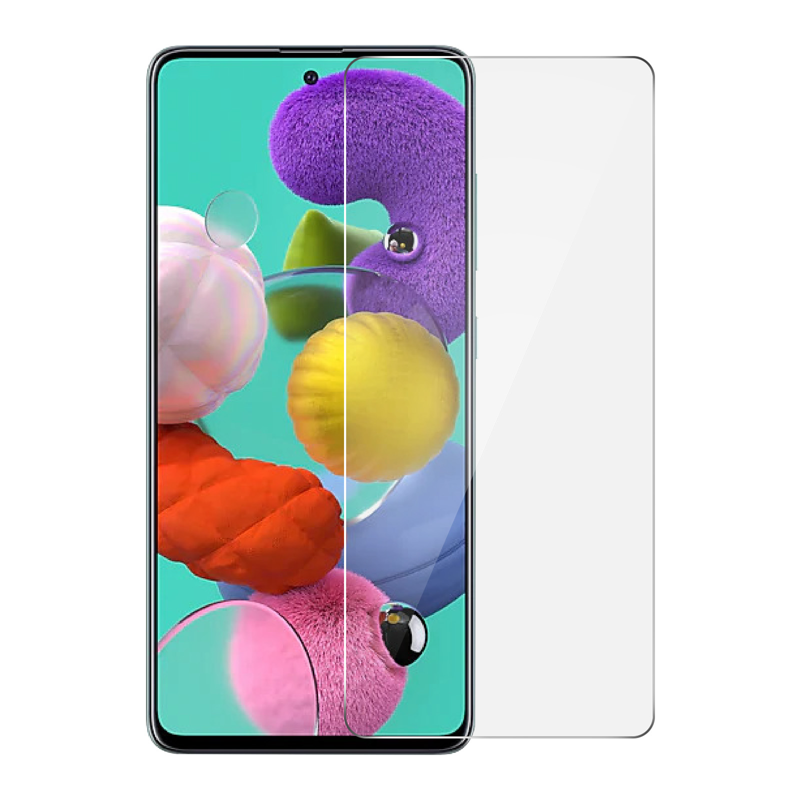Een smartphonescherm met een schermbeschermer erop. De telefoon toont kleurrijke, abstracte vormen. De beschermer is helder.