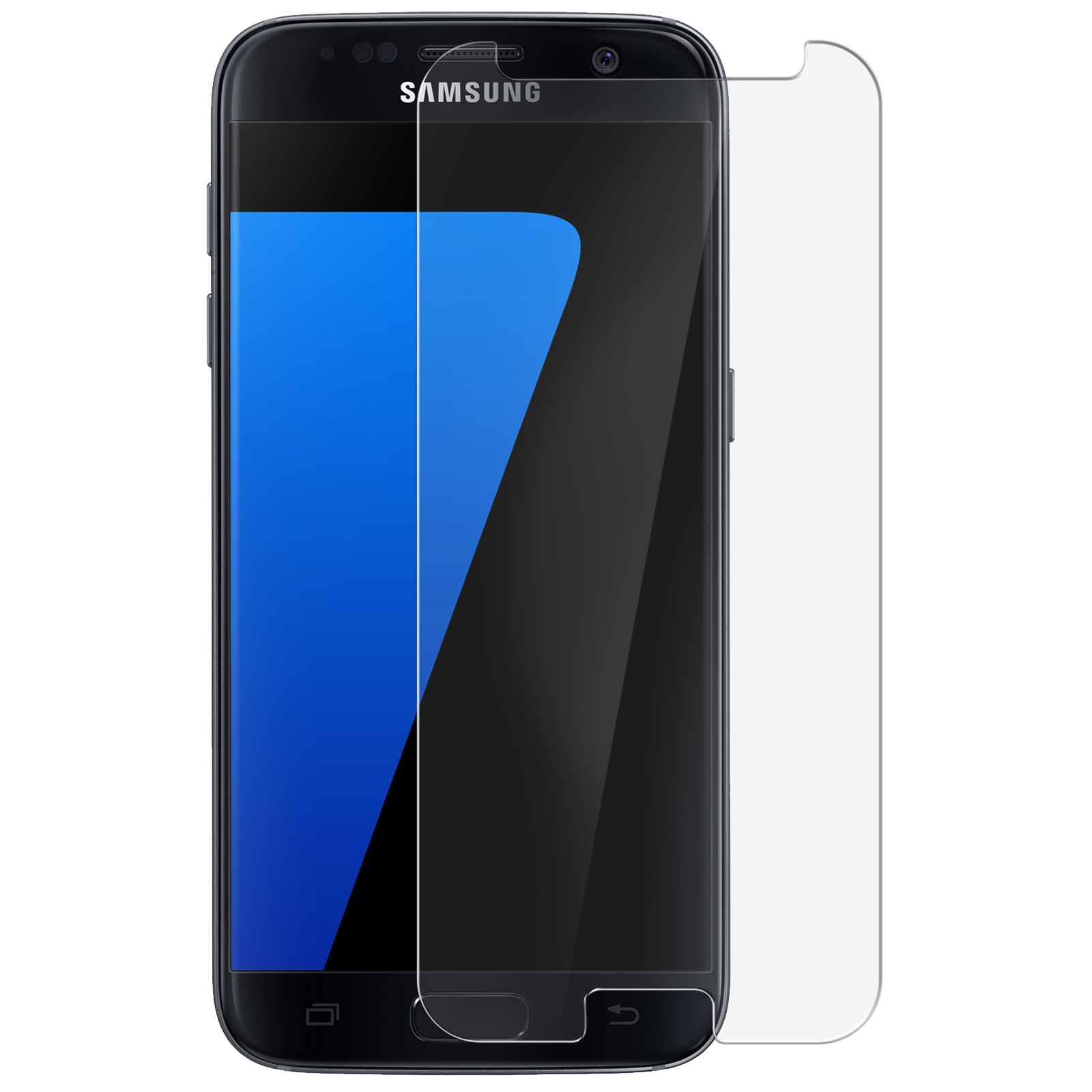 Un telefono Samsung nero con una protezione per lo schermo. Lo schermo mostra una sfumatura blu e nera. La protezione è trasparente.