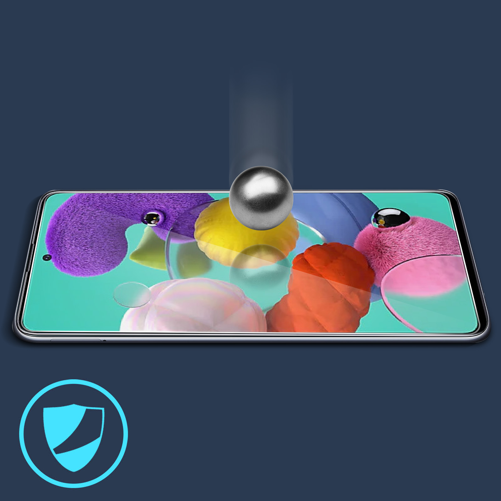 Un proteggi schermo con una sfera d'argento che cade. Forme colorate si riflettono sullo schermo, con un'icona scudo in basso.