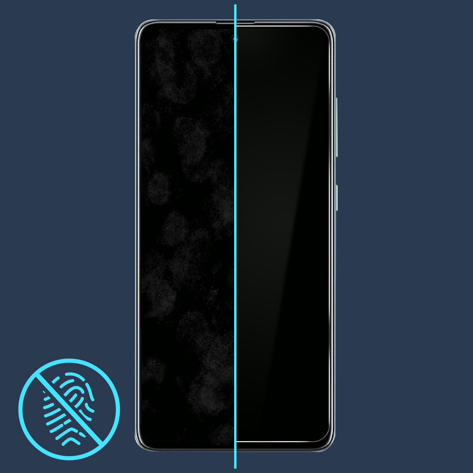 Schermo smartphone con impronte digitali a sinistra, lato pulito a destra e icona di divieto impronte digitali.