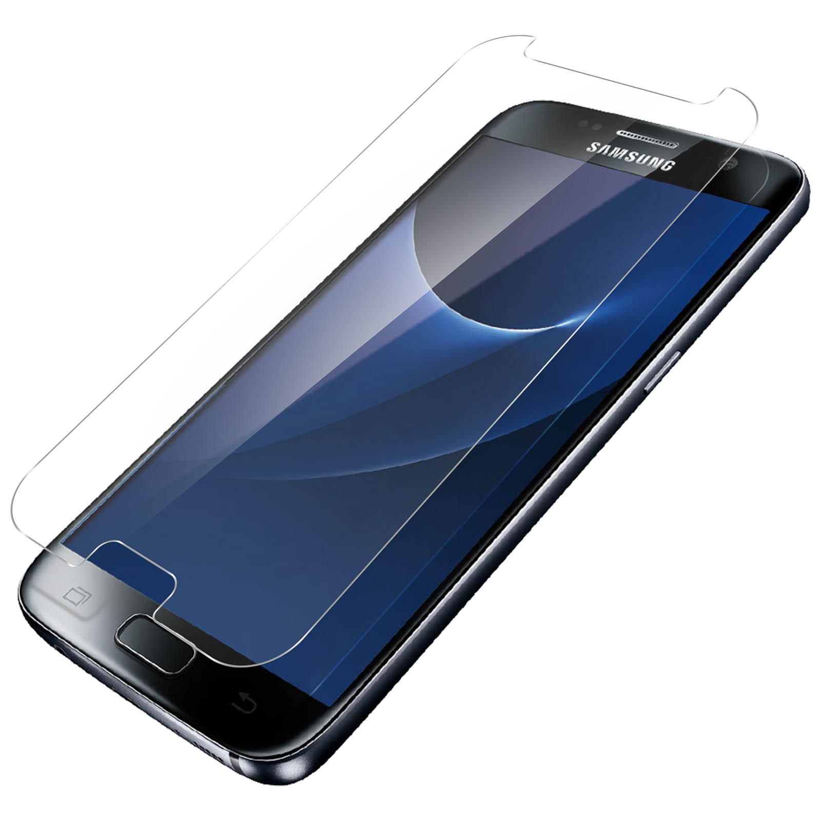 Uno smartphone Samsung con una protezione per lo schermo applicata. Il telefono è nero e ha uno schermo curvo.