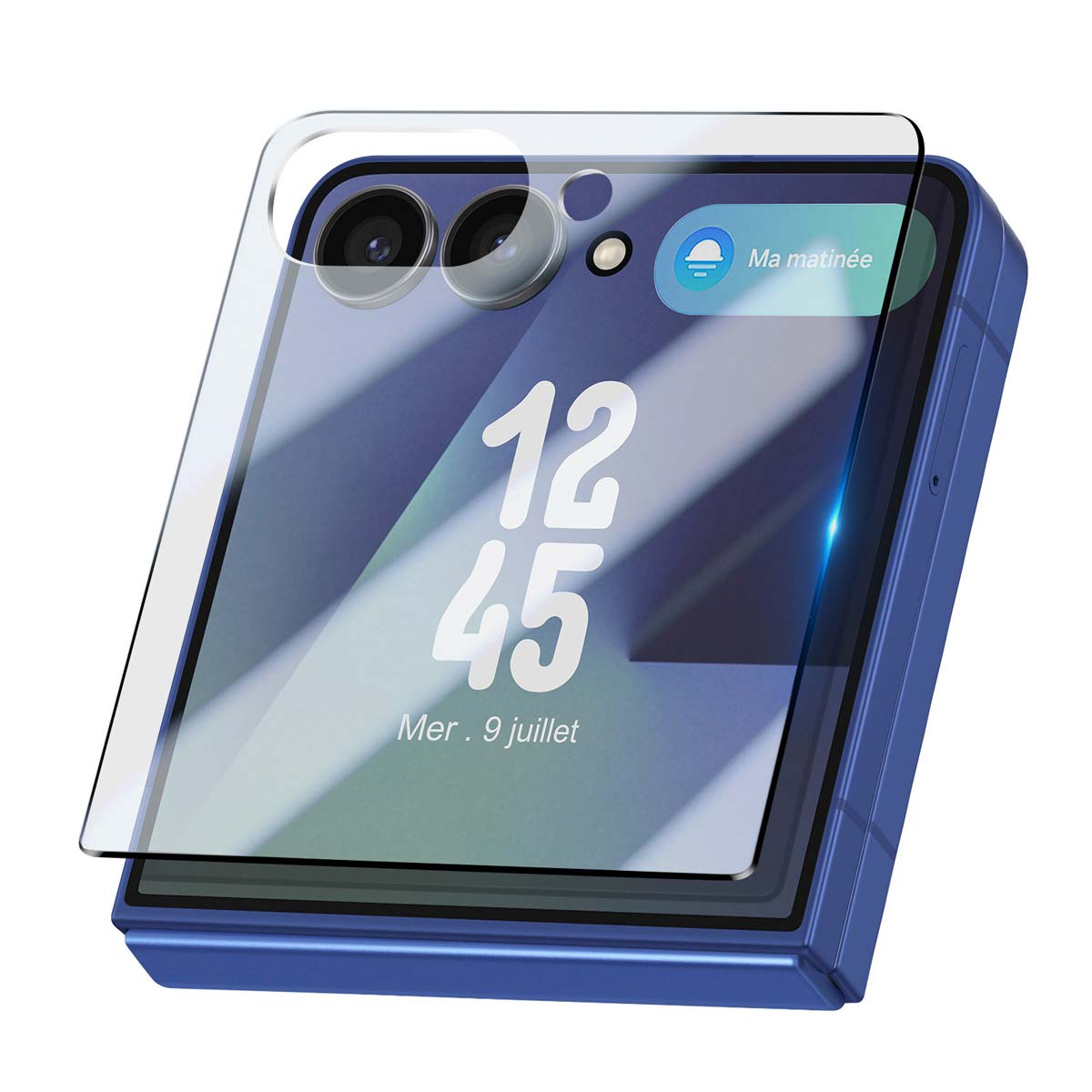 Smartphone bleu avec protecteur d'écran. L'écran affiche l'heure 12:45 et la date. Objectifs de caméra visibles en haut. L'écran est allumé.