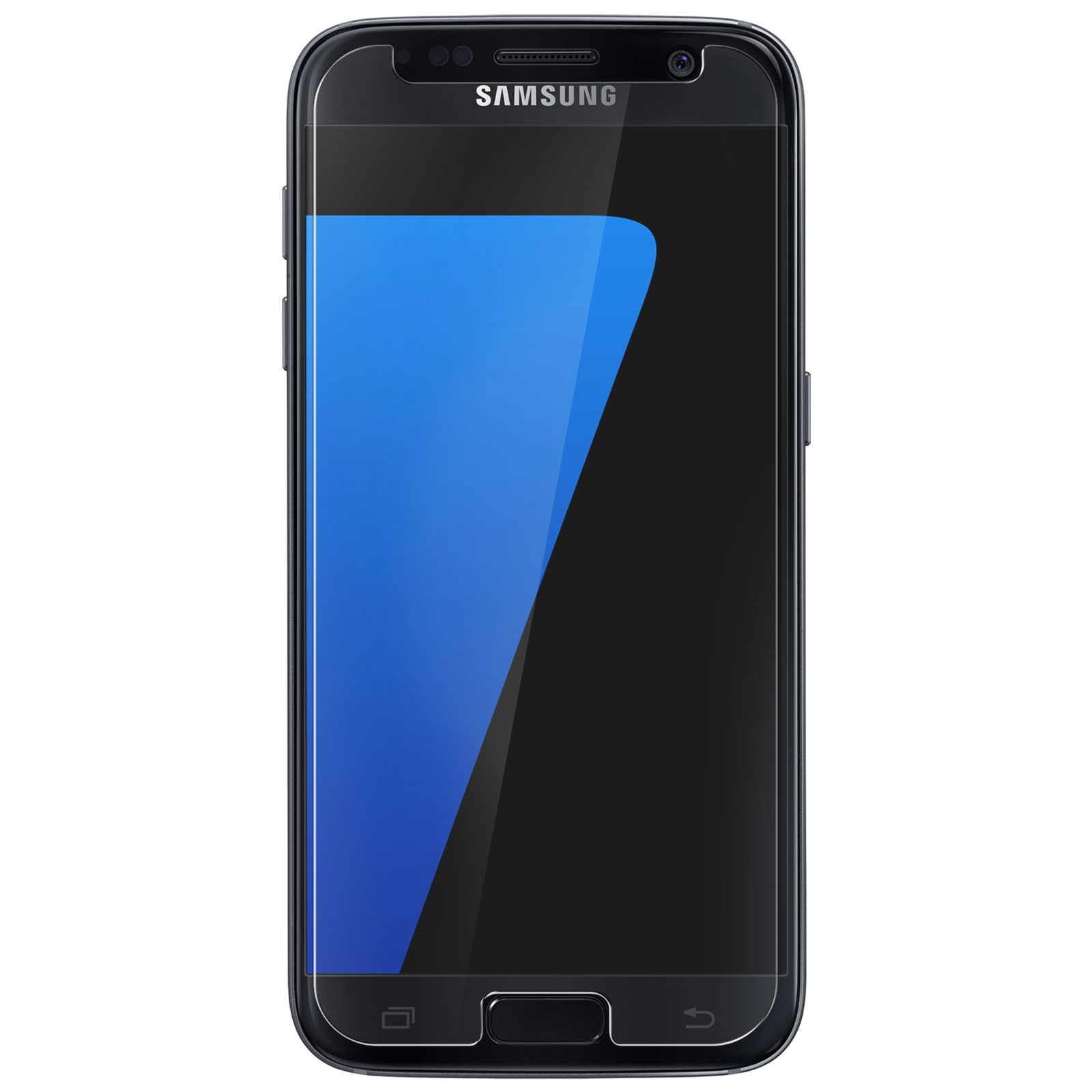 Uno smartphone Samsung nero. Lo schermo mostra una grafica blu e nera.