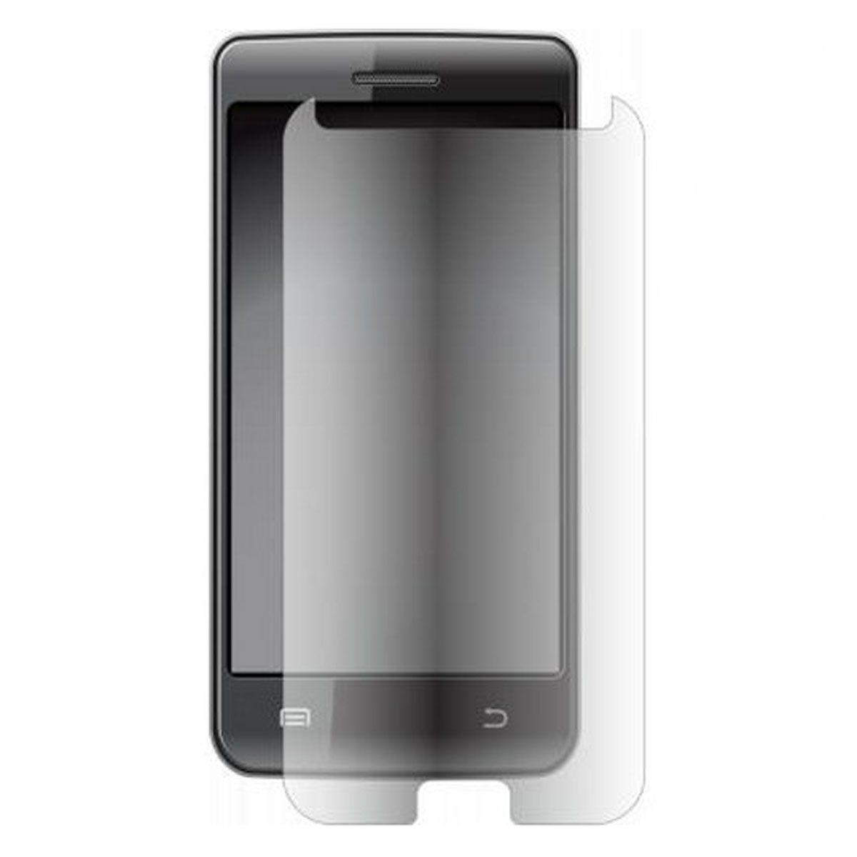 Uno smartphone nero con una protezione per lo schermo. La protezione è trasparente e copre parzialmente il telefono. Il telefono ha un altoparlante in alto.
