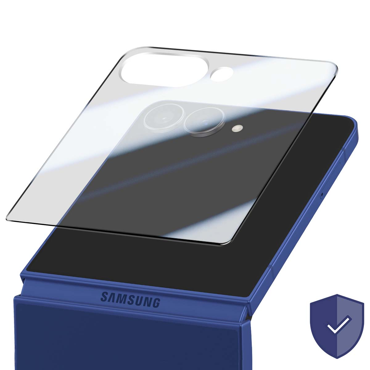 Un téléphone Samsung avec un protecteur d'écran et un étui bleu. Une icône de bouclier avec une coche est à droite.