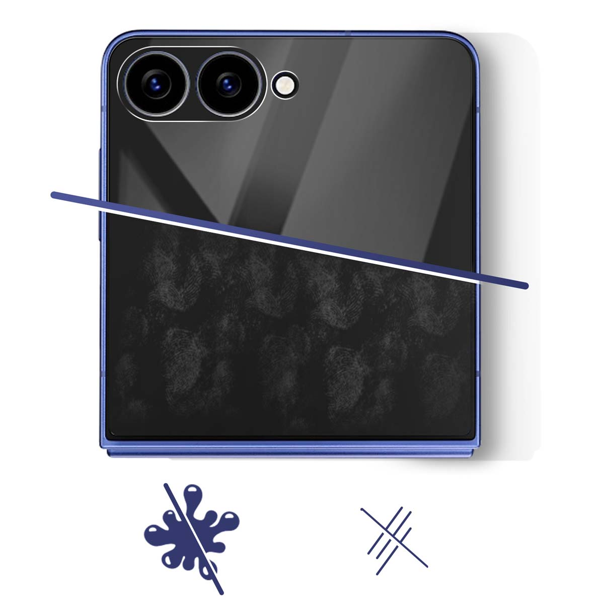 Dos de téléphone avec caméras et cadre bleu. Une diagonale le traverse. En dessous, une icône anti-éclaboussures et anti-rayures.