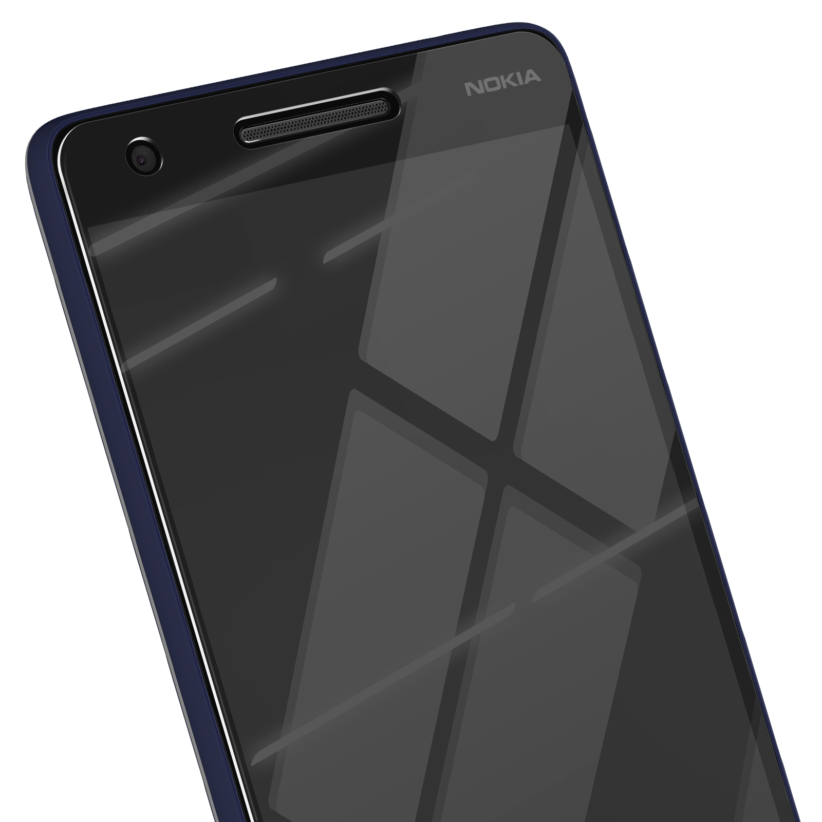 Primo piano di uno smartphone Nokia. Lo schermo è scuro, con riflessi. Il telefono ha una cornice blu e il logo Nokia è visibile.