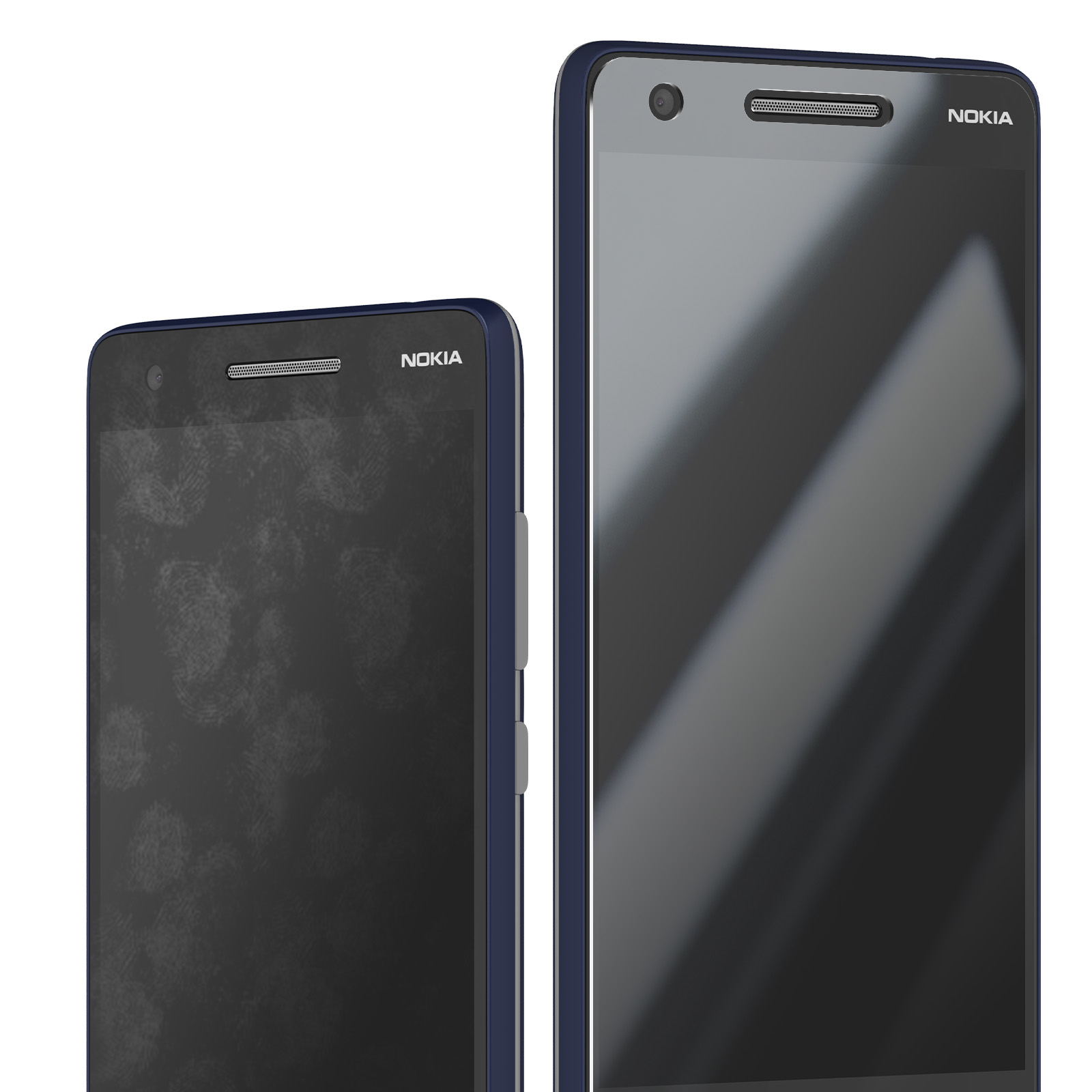 Sono visualizzati due smartphone Nokia con cornici blu. Uno mostra impronte digitali. Entrambi hanno fotocamere frontali e altoparlanti.