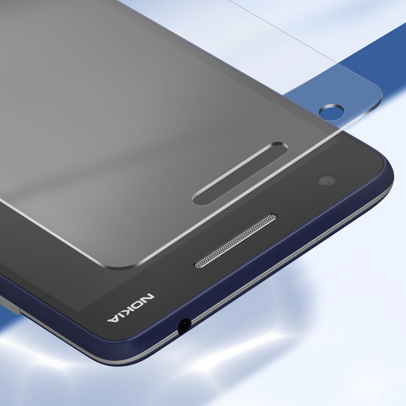Uno smartphone Nokia con protezione schermo. Il telefono è blu navy e la protezione è trasparente. Lo sfondo è azzurro.