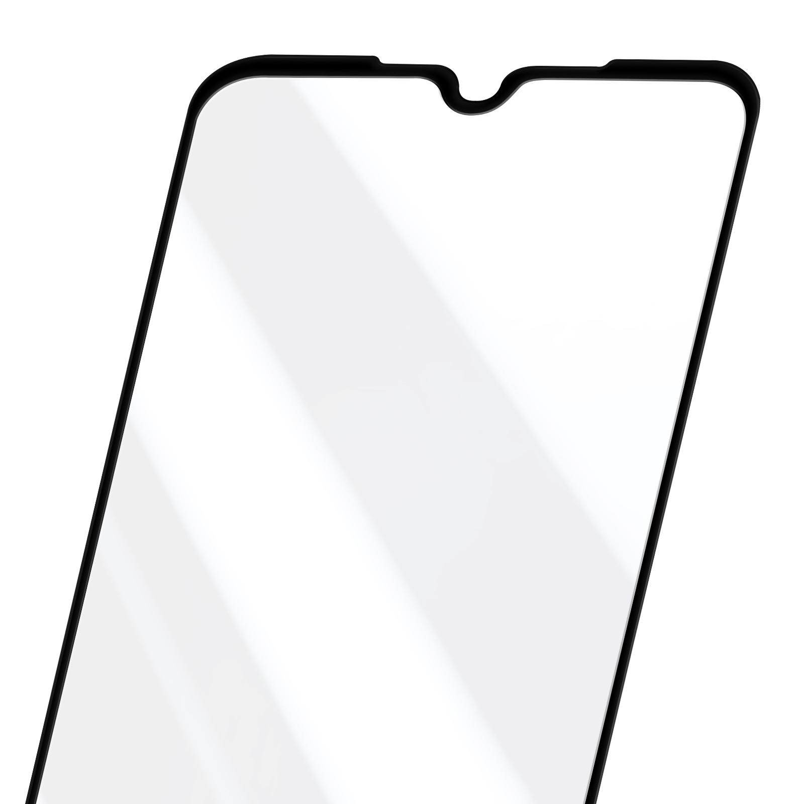 Un proteggi schermo per smartphone. Cornice nera, schermo bianco e una tacca in alto.