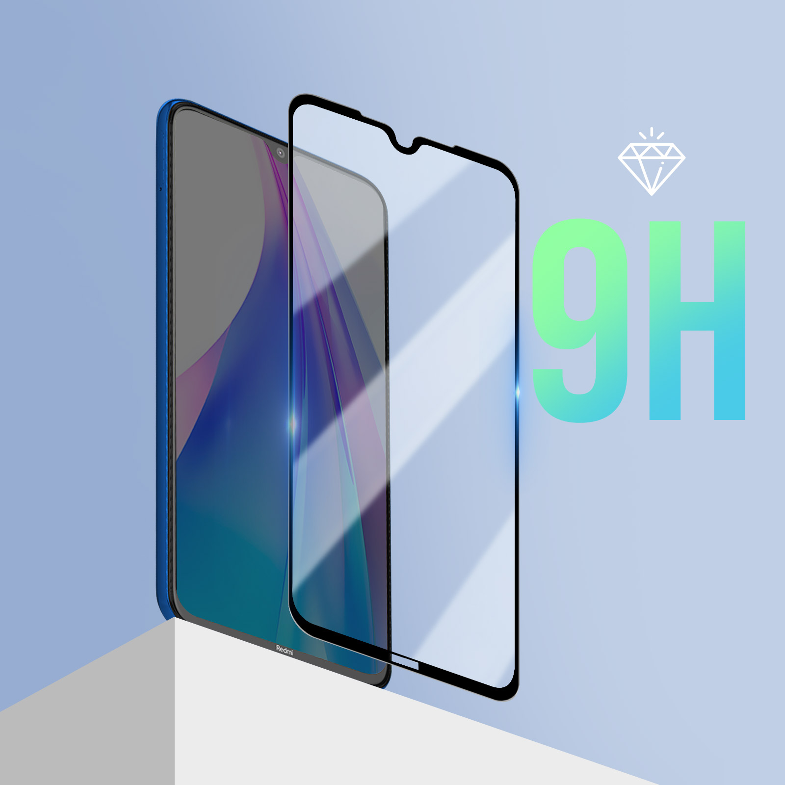 Uno smartphone blu con protezione schermo, un'icona a diamante e la scritta '9H' su sfondo azzurro.