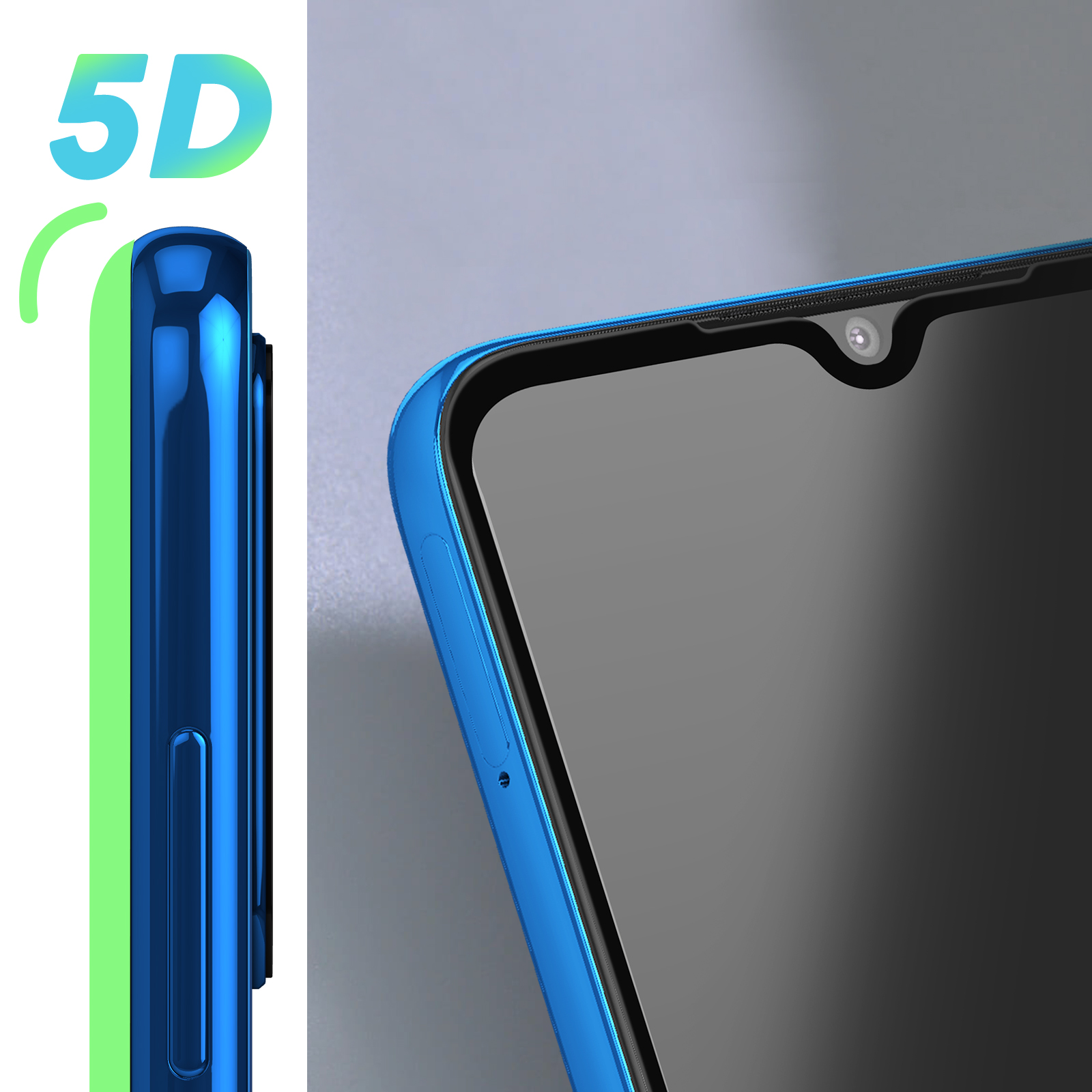 Vista ravvicinata di uno smartphone blu. Lo schermo è nero. Il telefono ha il testo 5D. Il lato è verde.
