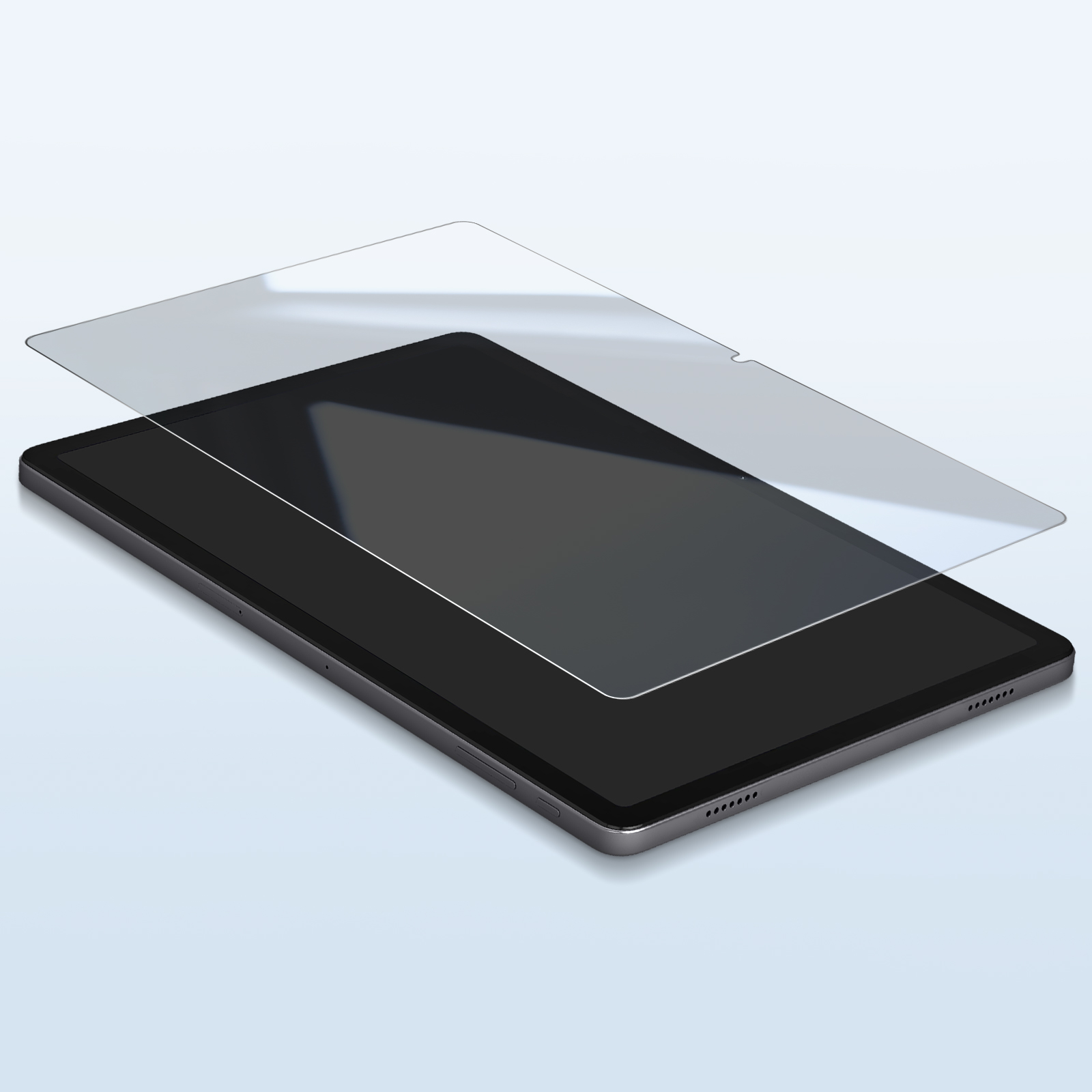 Un tablet nero con una protezione per lo schermo sopra, leggermente angolato, su sfondo azzurro.