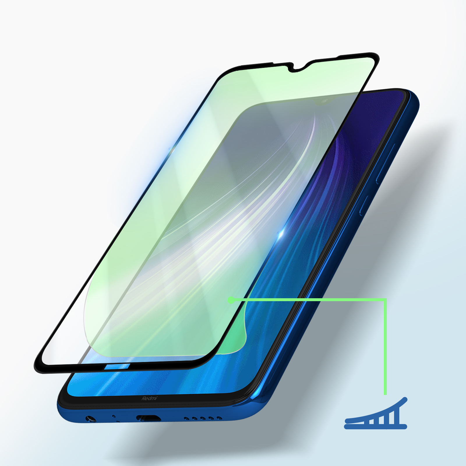 Uno smartphone blu ha una protezione per lo schermo applicata su uno sfondo bianco.