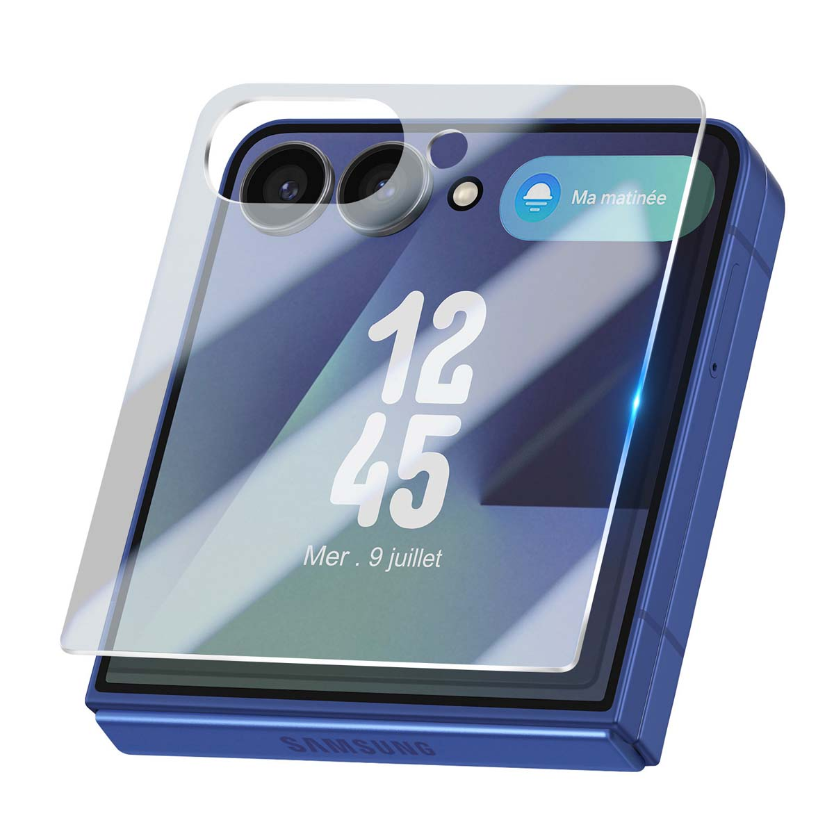 Un téléphone Samsung bleu avec un protecteur d'écran, affichant l'heure et la date. Dos avec deux objectifs. Texte 'Ma matinée'.
