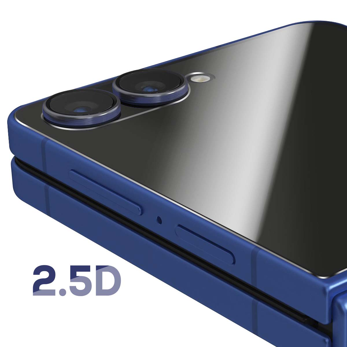Un smartphone bleu, partiellement ouvert, affiche un écran sombre. Le téléphone possède deux objectifs et le texte '2.5D' en bas.