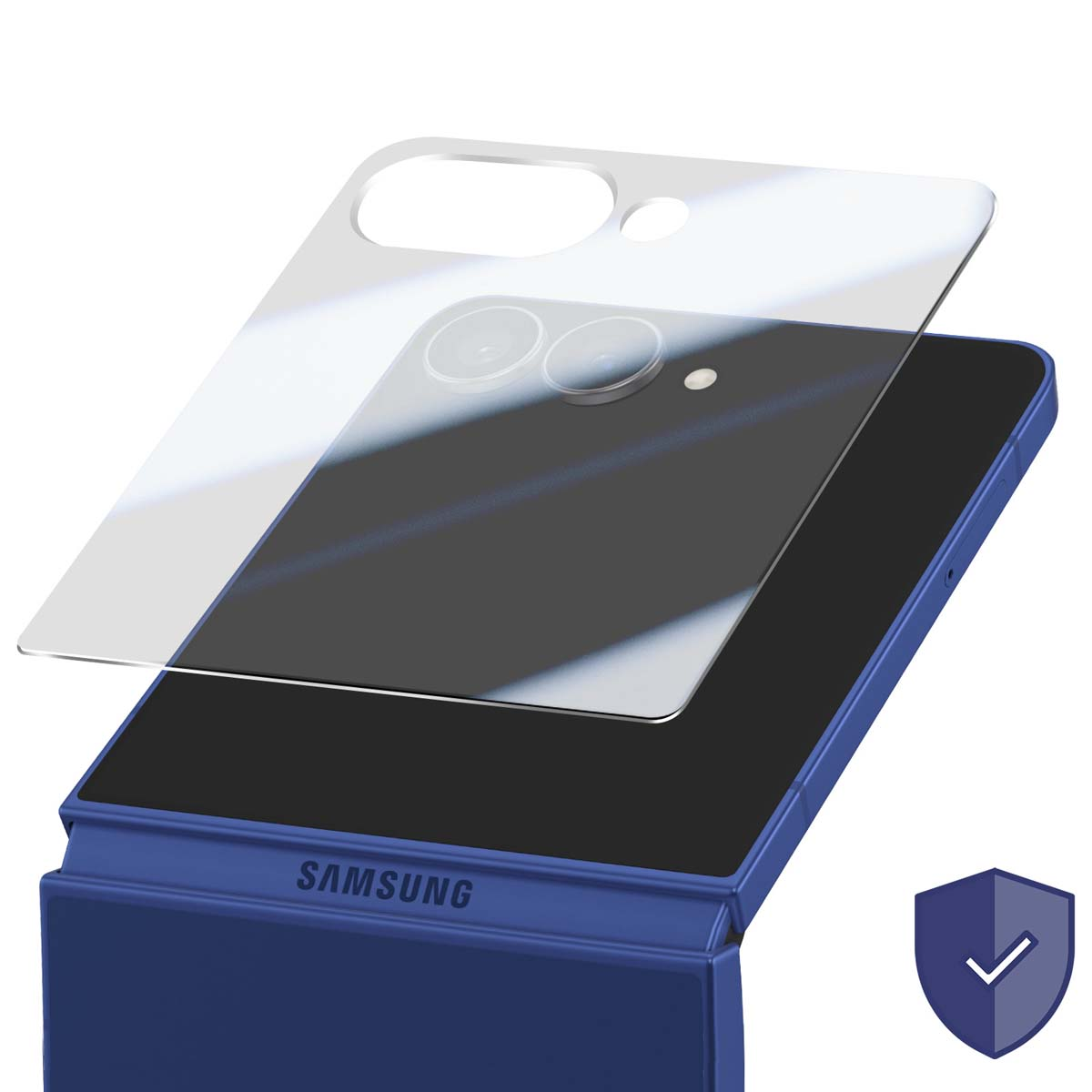 Un étui de téléphone Samsung bleu avec un protecteur d'écran. Le téléphone est partiellement ouvert, montrant l'écran et les caméras. Une icône de bouclier est présente.