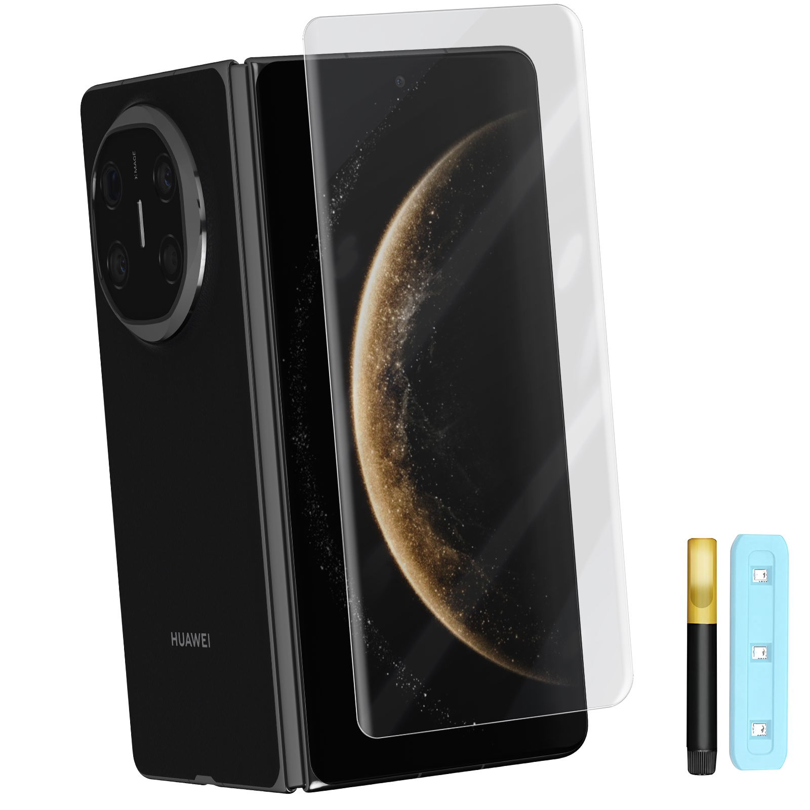 Uno smartphone pieghevole nero con protezione schermo. Accessori: luce UV gialla e applicatore blu.