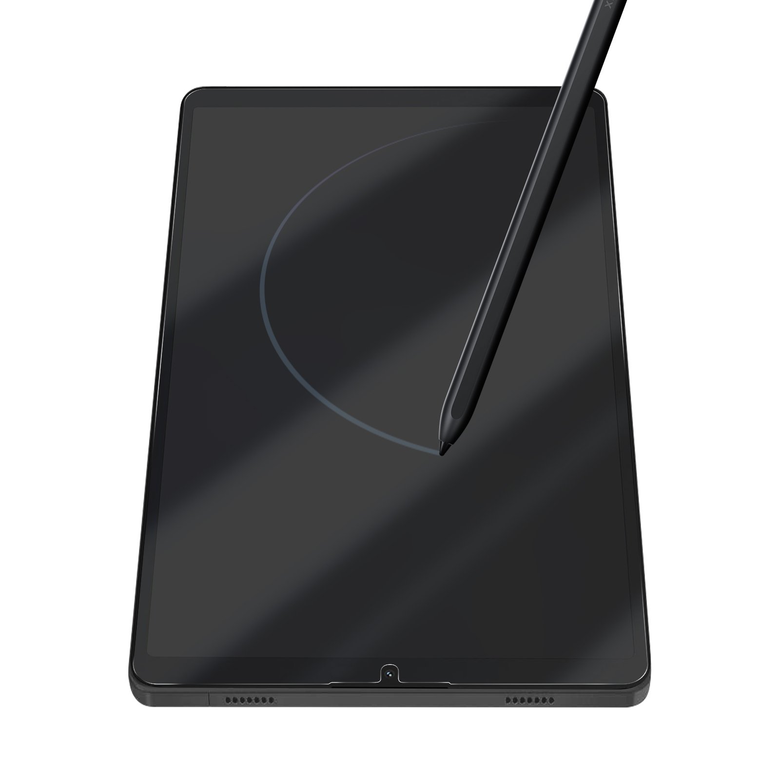 Tablet nero con stilo. Lo stilo è sospeso sopra un cerchio sullo schermo. Sfondo bianco.