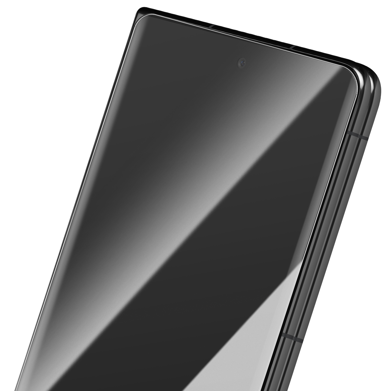 Primo piano di uno smartphone nero. Lo schermo è lucido, riflette la luce. Obiettivo della fotocamera visibile. Bordi puliti e moderni.