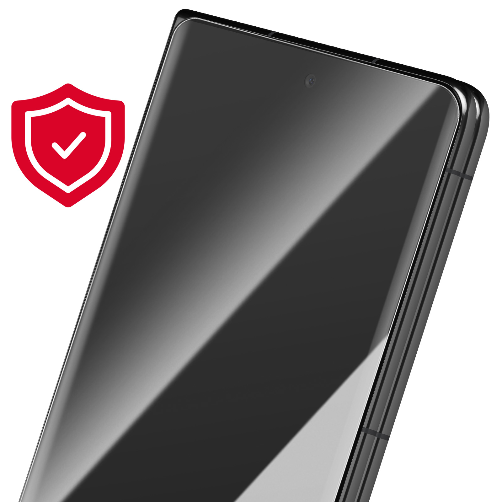 Uno smartphone con protezione schermo. Un'icona a scudo rossa con un segno di spunta a sinistra.