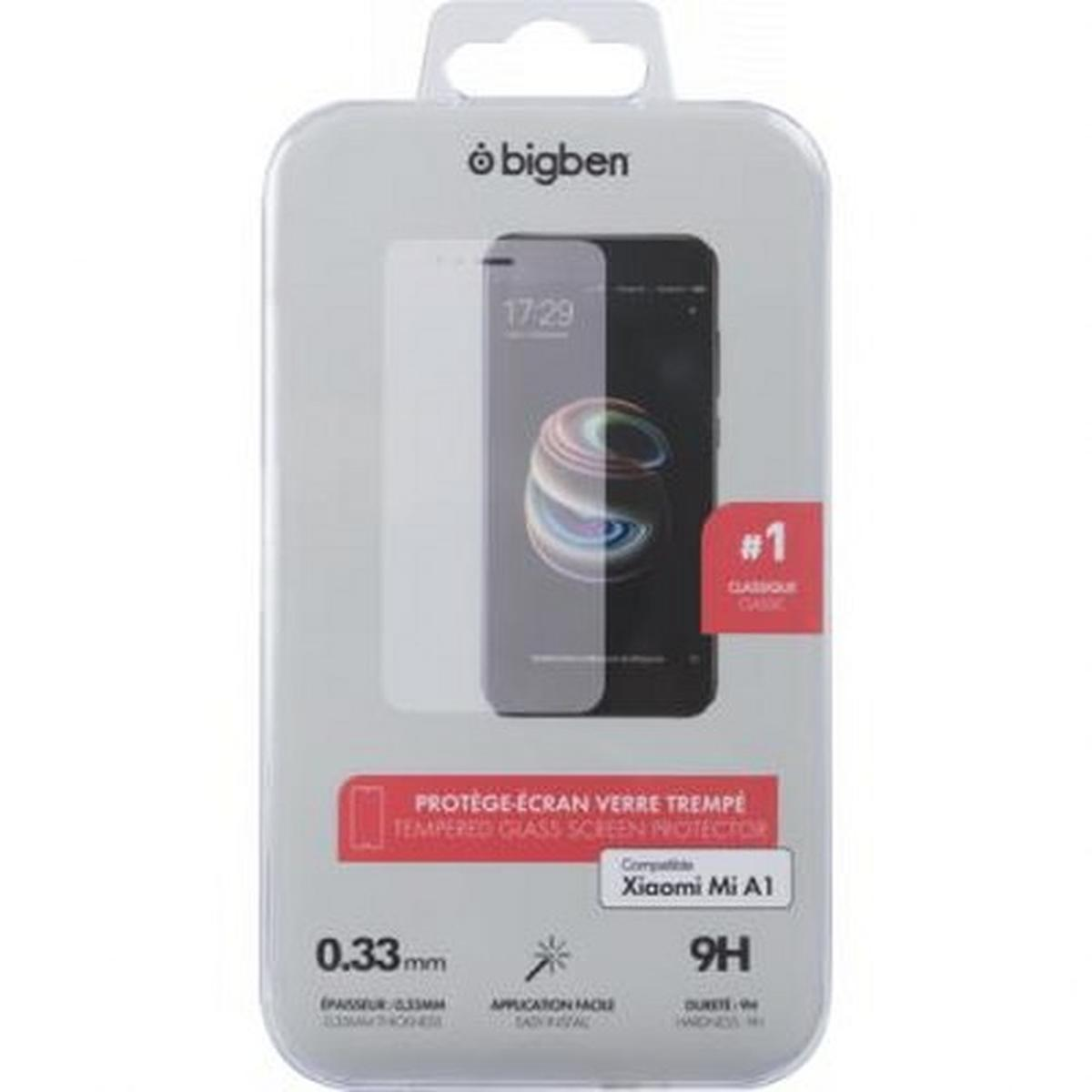 Una confezione di protezione schermo per telefono. Mostra un telefono con protezione schermo, marchio 'bigben' e dettagli del prodotto.