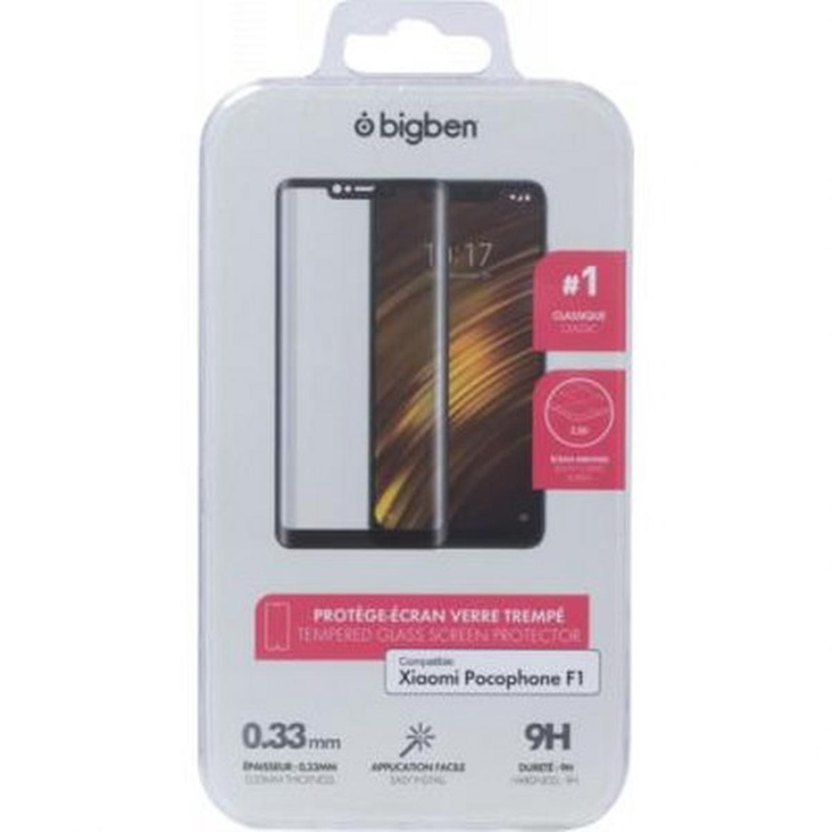 Una confezione di protezione schermo per smartphone di bigben. Mostra lo schermo di un telefono, testo e specifiche per Xiaomi Pocophone F1.