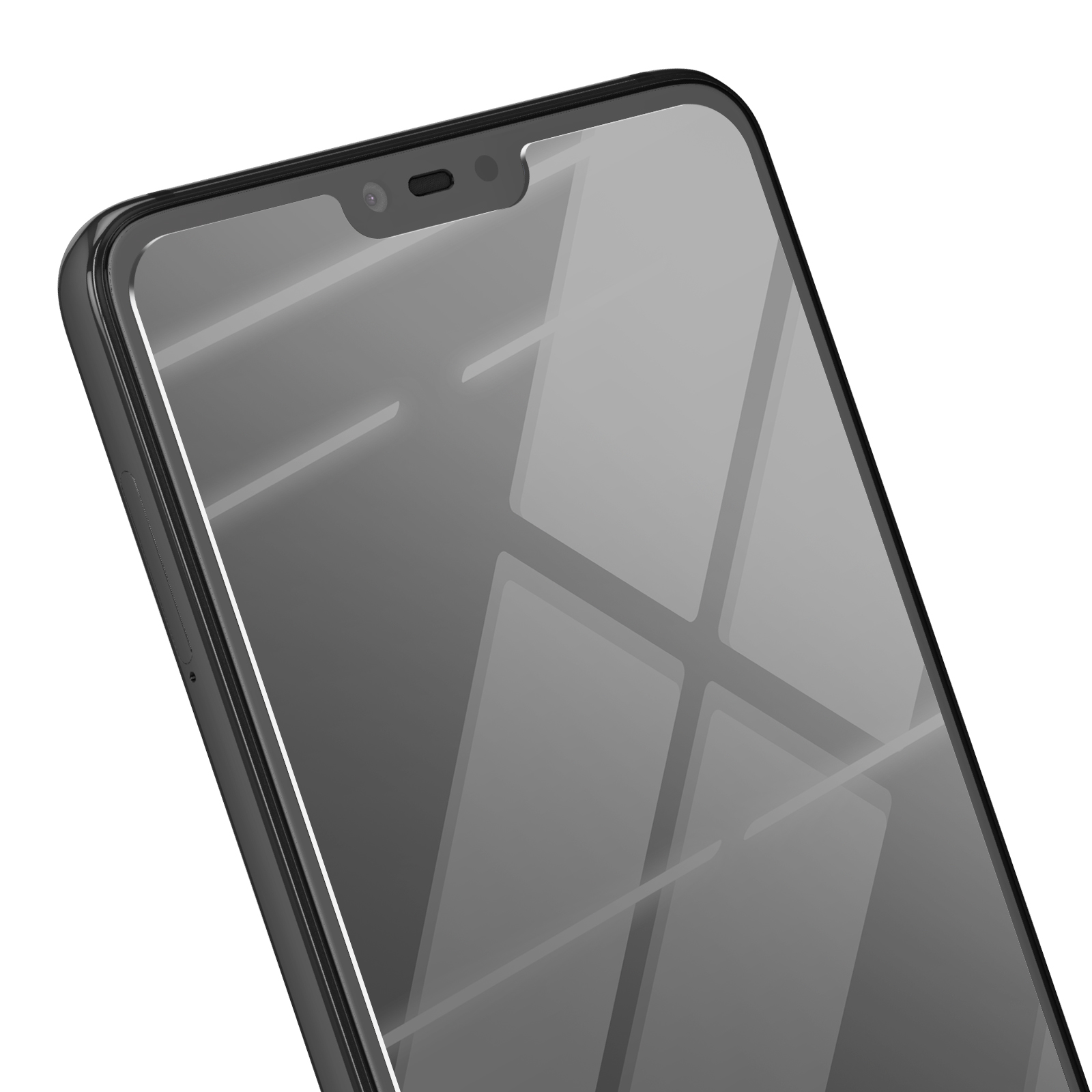 Primo piano di uno smartphone. Lo schermo riflette la luce, mostrando una superficie lucida. Il telefono è grigio scuro con bordo nero.