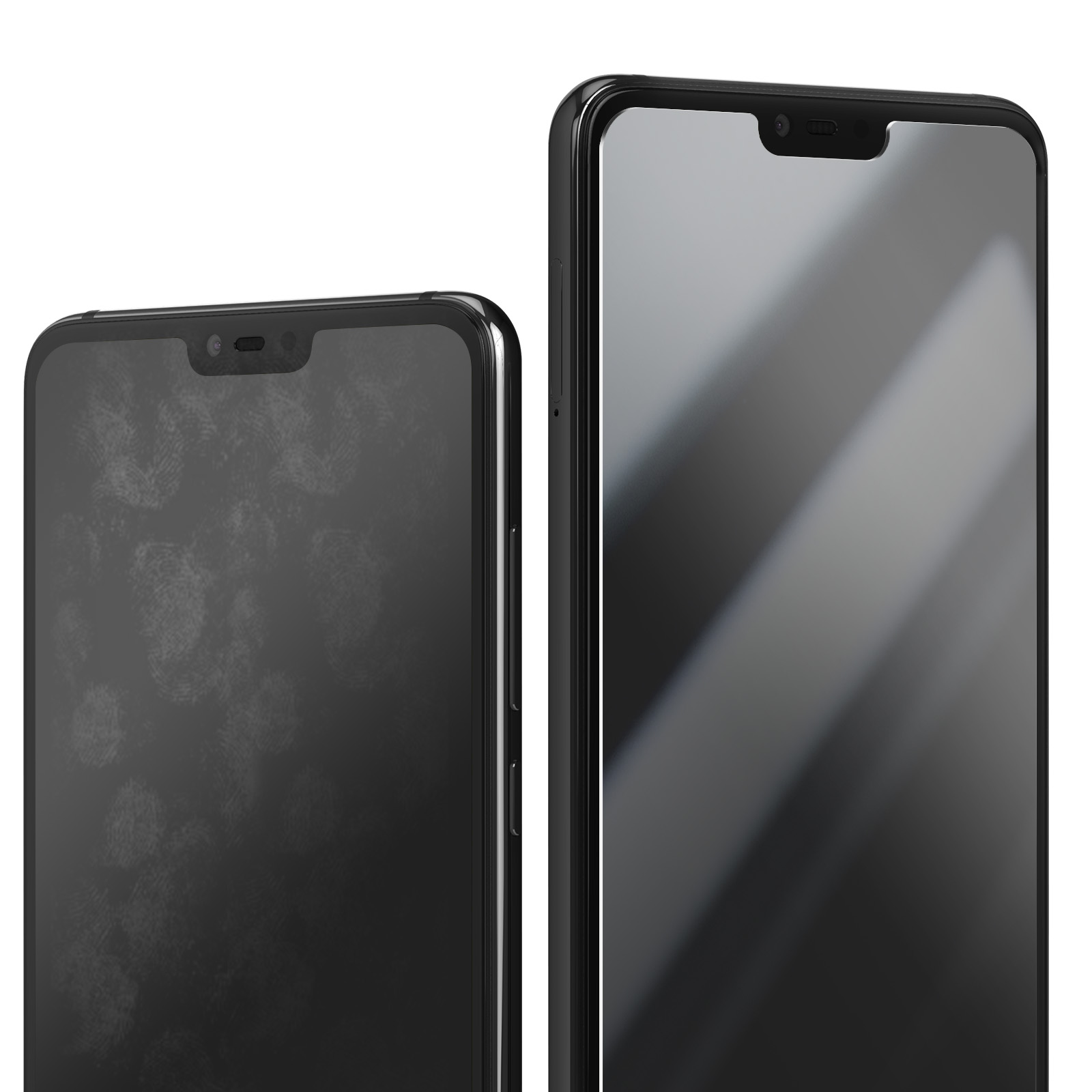 Due smartphone neri con schermi scuri. Uno ha impronte digitali visibili. Entrambi hanno fotocamere frontali e un notch.