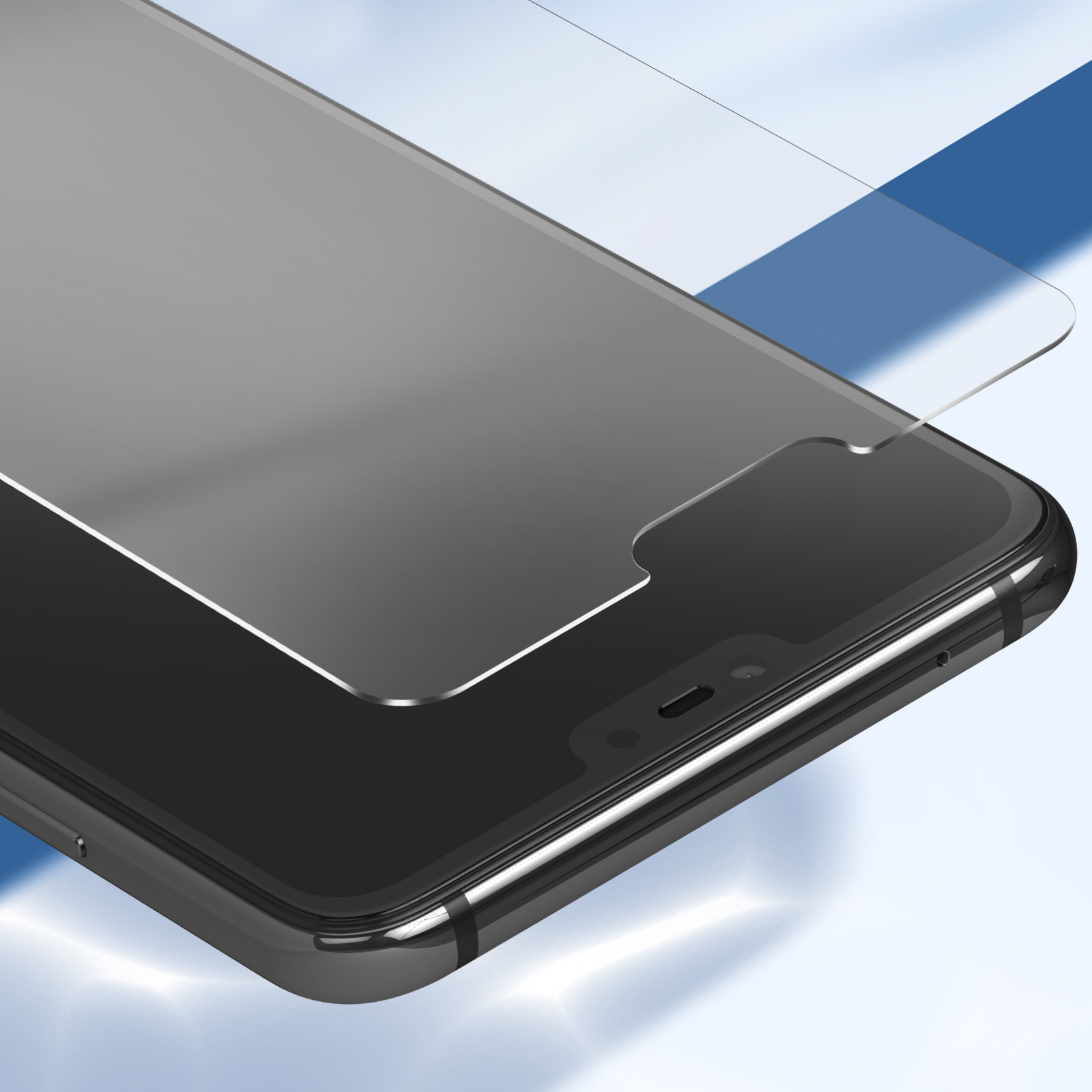 Uno smartphone con una protezione per lo schermo applicata. Il telefono è nero e la protezione è trasparente.