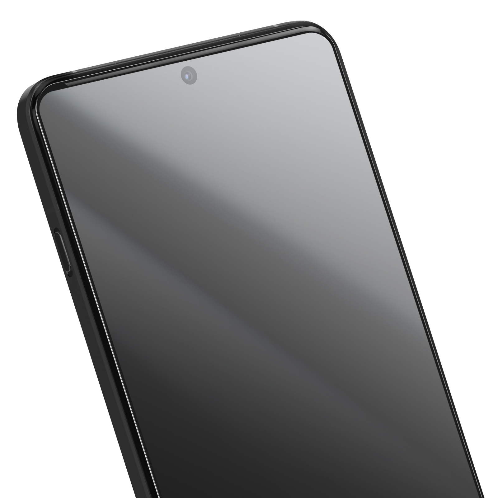 Primo piano di uno smartphone nero. Lo schermo è scuro con una fotocamera frontale. Il telefono è inclinato su sfondo bianco.