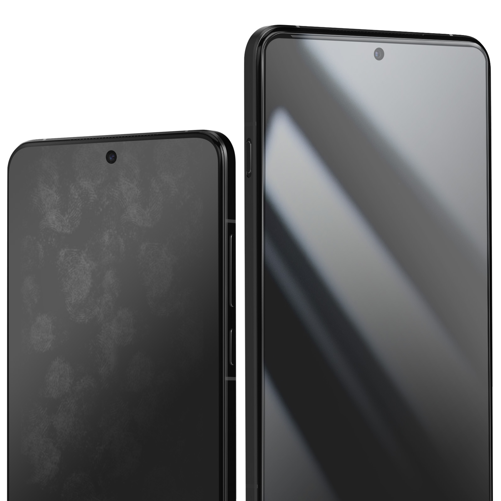Due smartphone neri, uno con macchie di impronte digitali sullo schermo, l'altro pulito. Entrambi i telefoni hanno una fotocamera frontale.