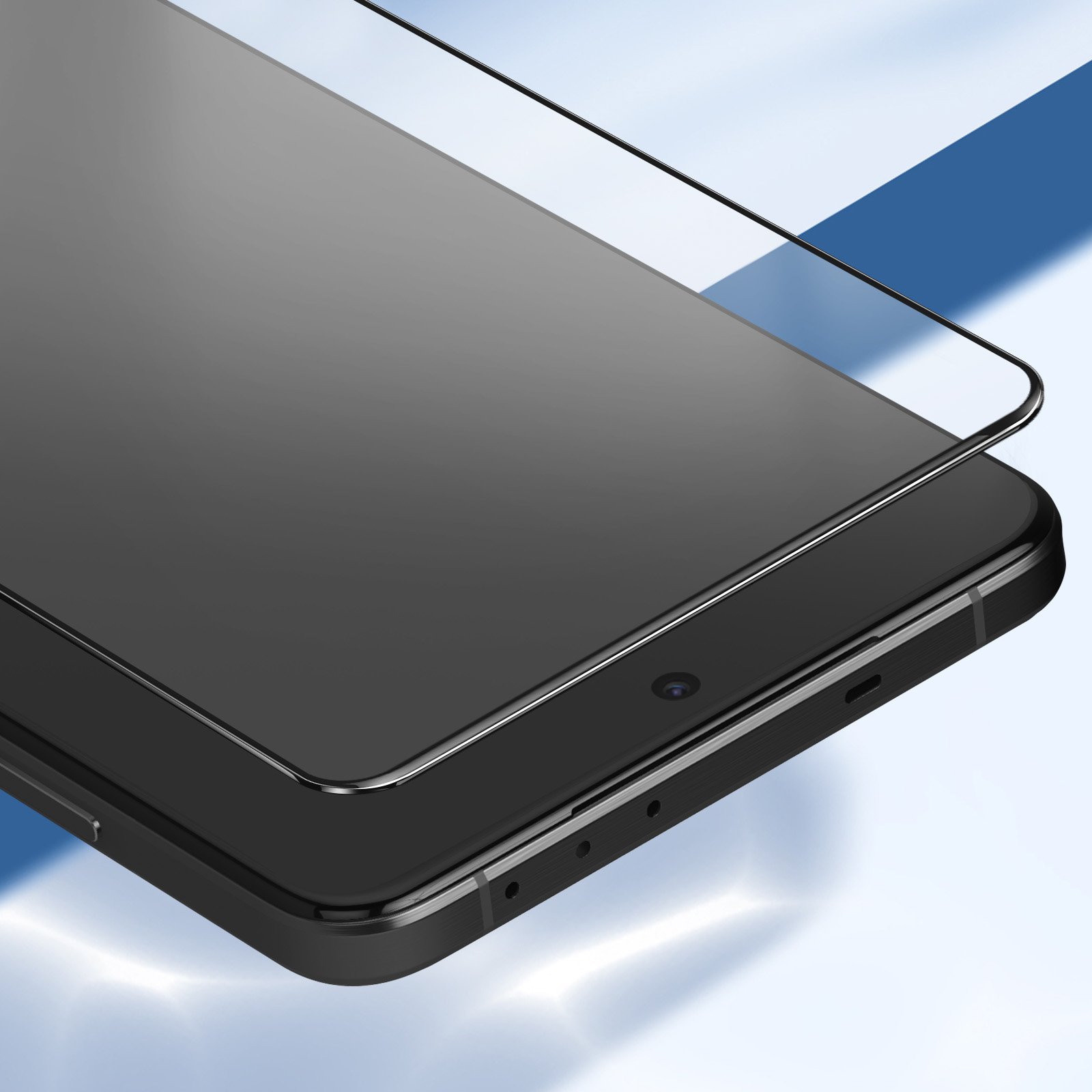 Uno smartphone nero con protezione schermo. Il telefono ha fotocamera e altoparlante. Lo sfondo è blu e bianco.