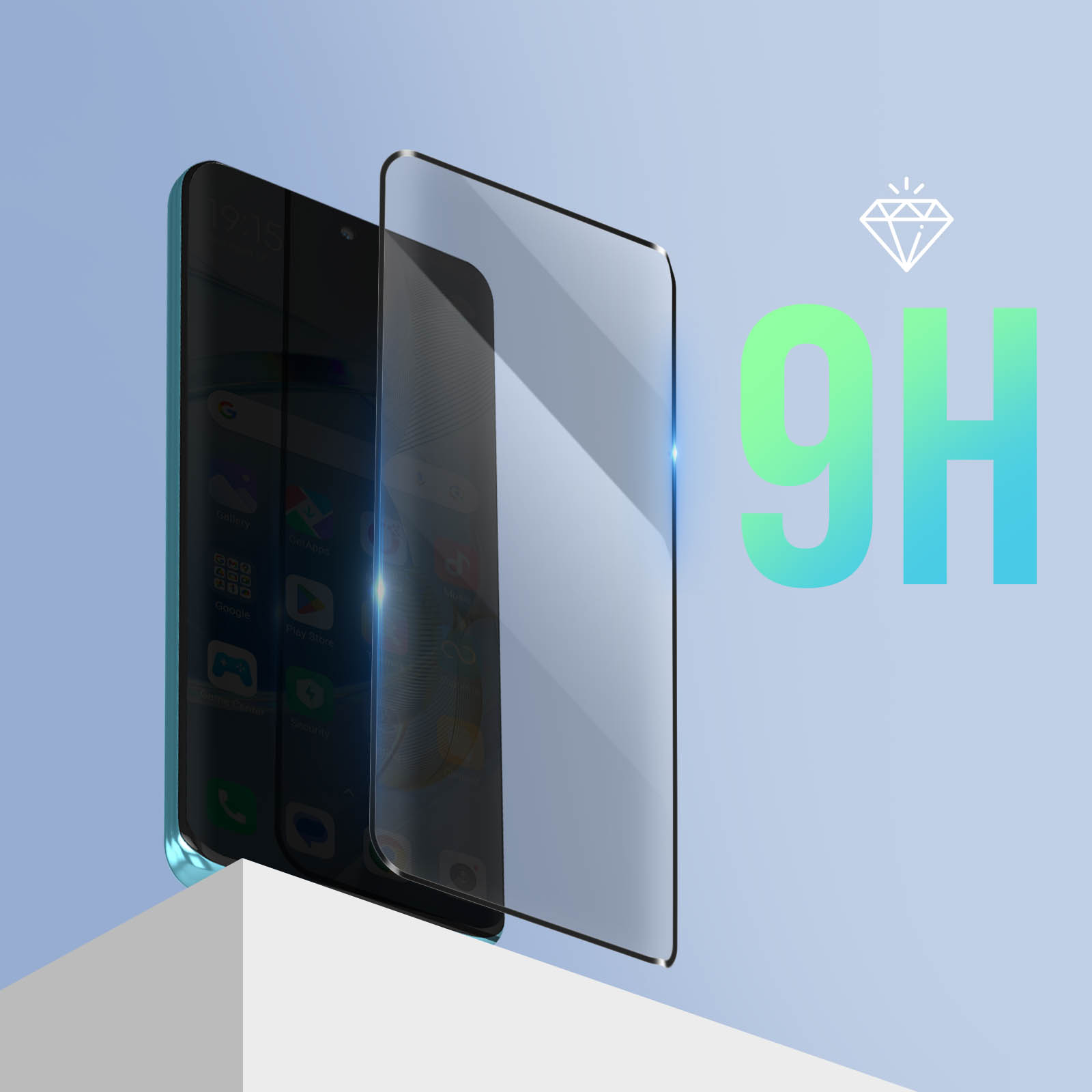 Uno smartphone con una protezione per lo schermo. La protezione è posizionata davanti al telefono. Testo '9H' e icona diamante visibili.