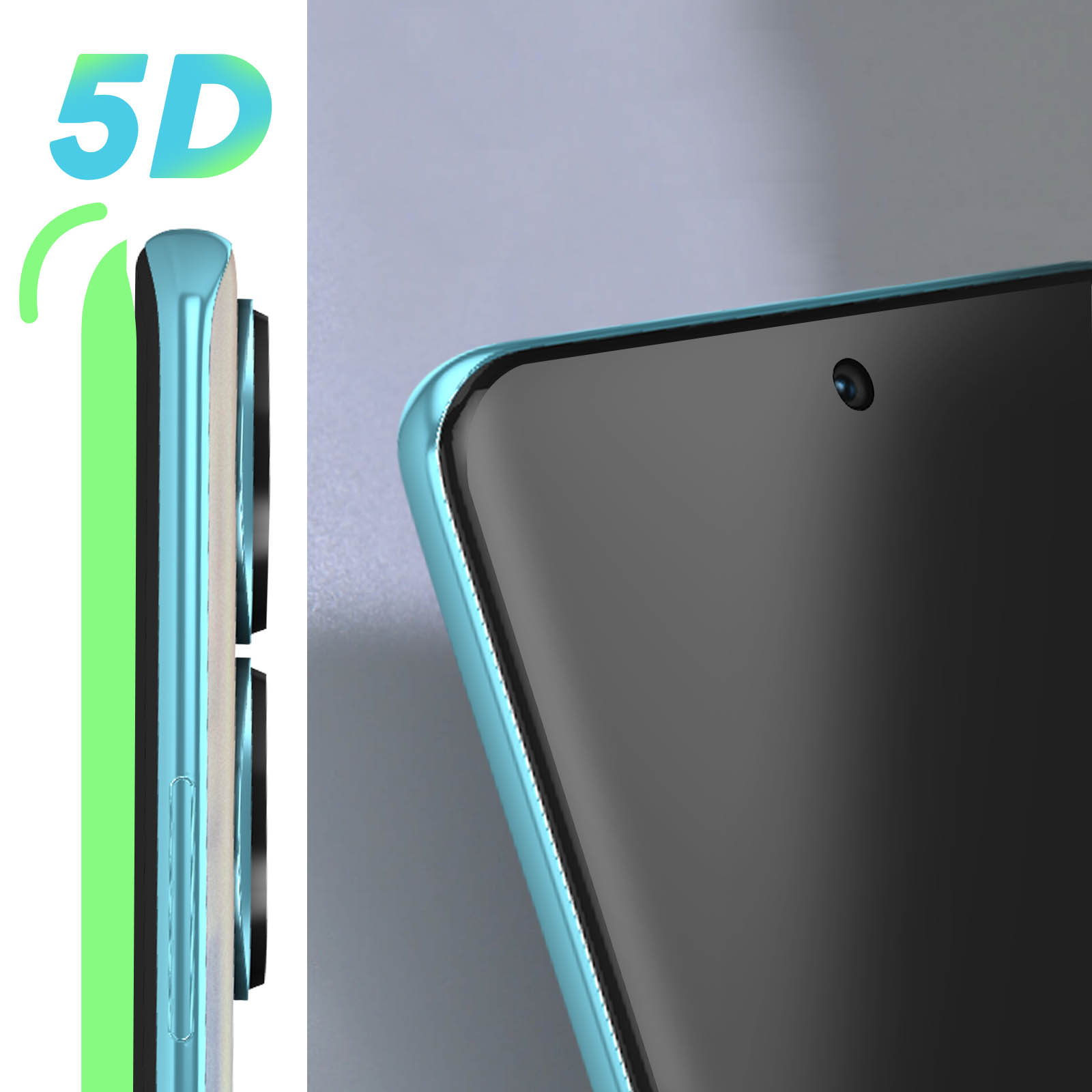 Un primo piano di uno smartphone. Testo 5D nell'angolo in alto a sinistra. Lo schermo è nero con una fotocamera.