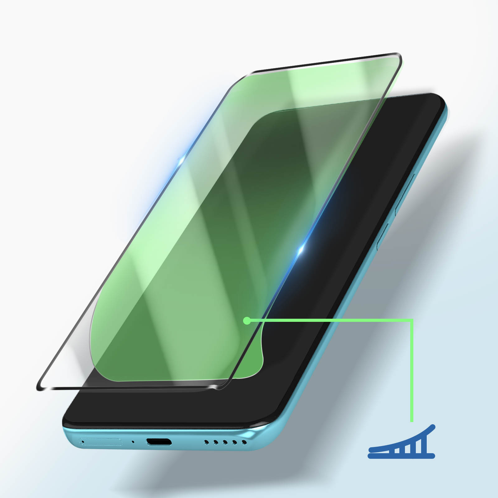 Uno smartphone con una protezione per lo schermo applicata. La protezione è verde e trasparente. Il telefono è verde acqua.