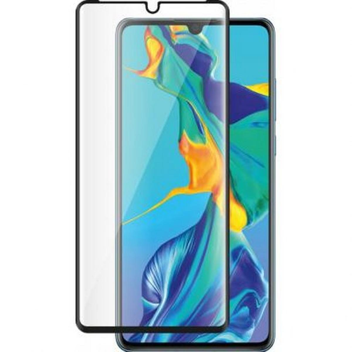 Een smartphone met een schermbeschermer. Het scherm toont kleurrijke abstracte kunst met tinten blauw, groen en geel.