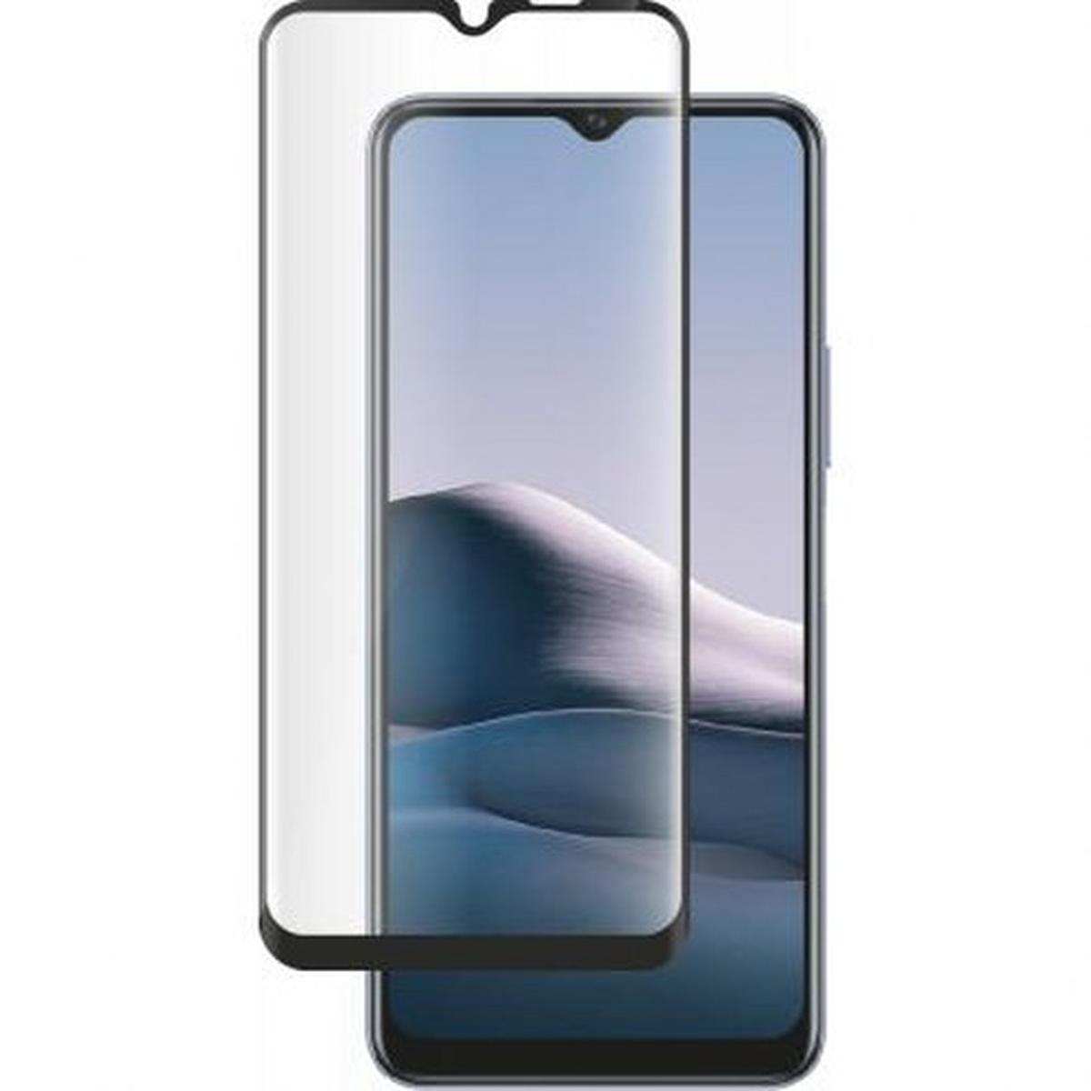 Een smartphone met een schermbeschermer aangebracht. De telefoon toont een blauw-witte gradiënt. Een heldere schermbeschermer is bovenop geplaatst.